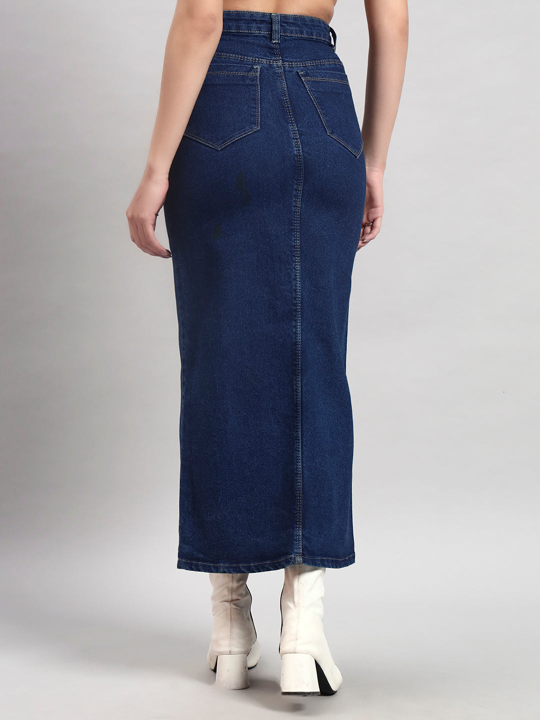 Classic Blue Midi Denim Skirt with Center Slit