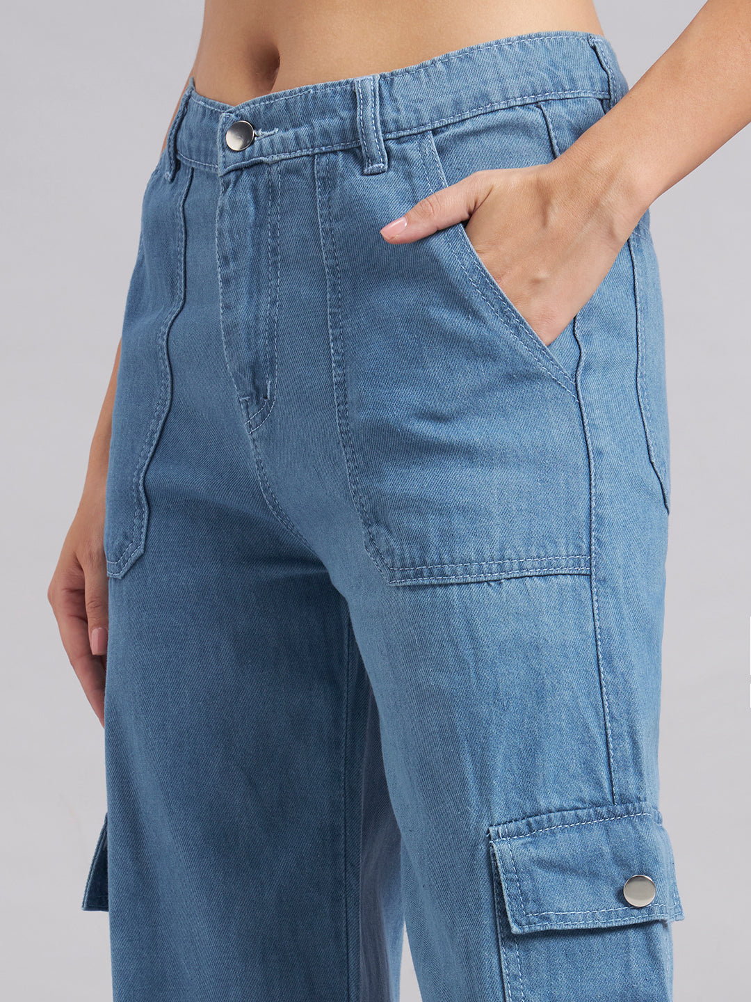 Women's Light Blue High-Rise Cargo Straight Leg Jeans