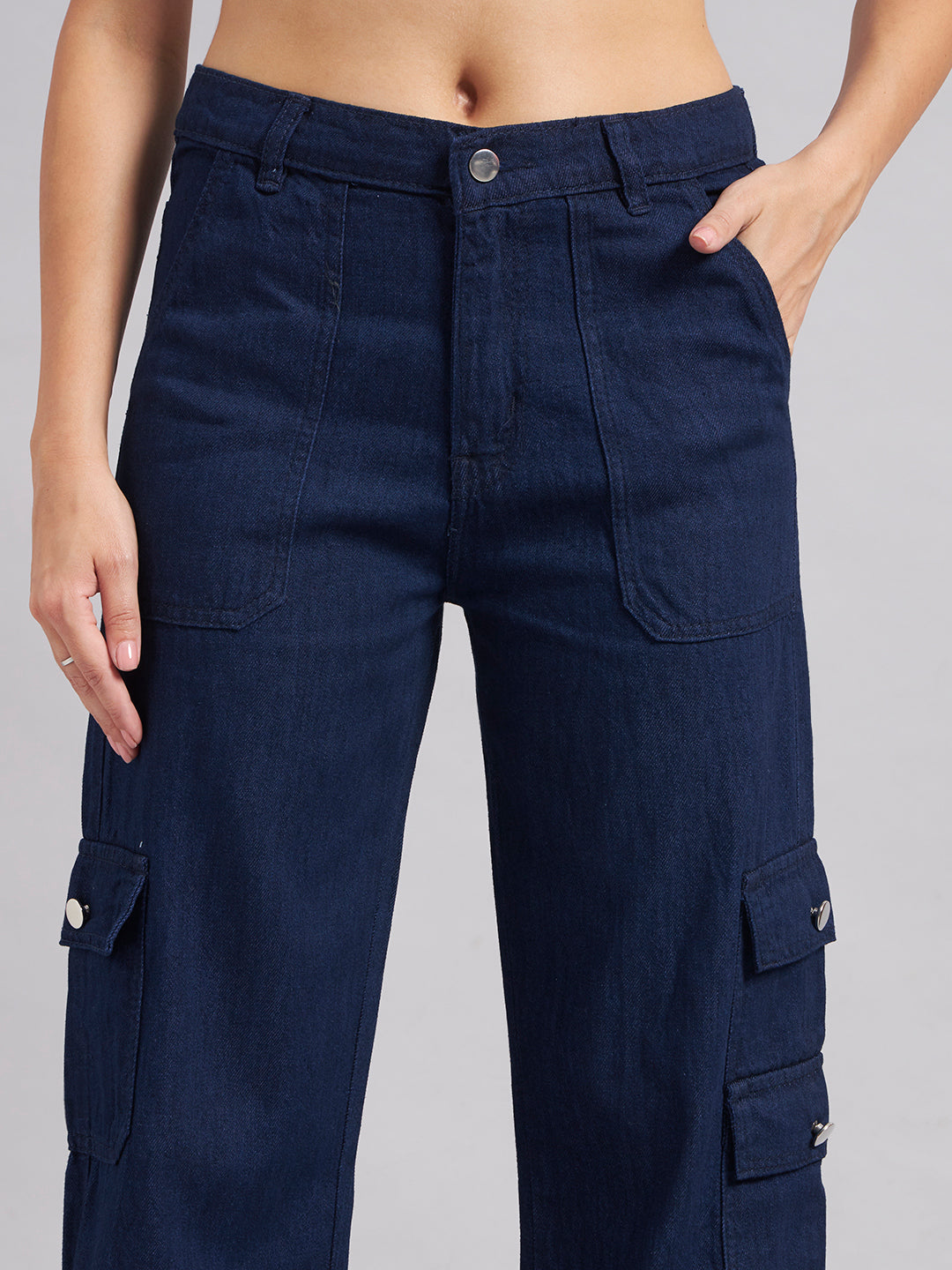 Women's Navy Blue High-Rise Cargo Straight Leg Jeans