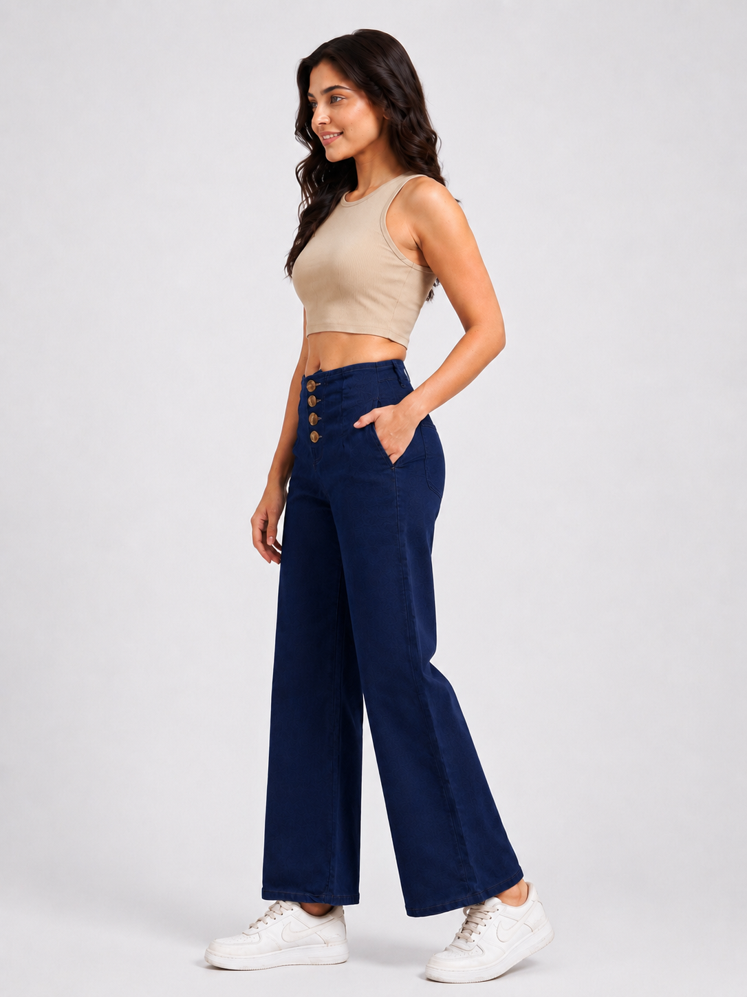 Women's Navy Blue High-Rise Button Front Wide Leg Jeans