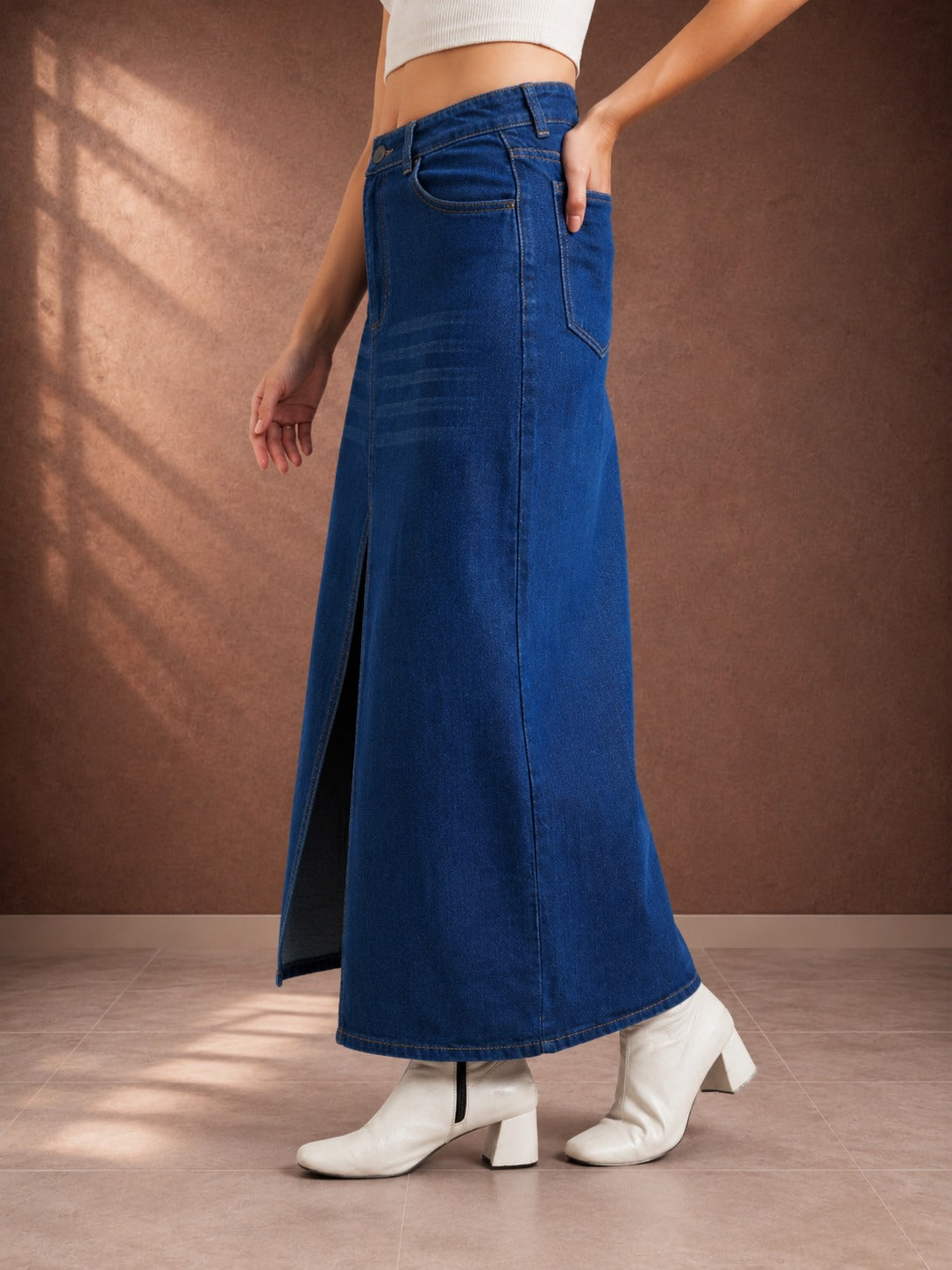 Women's Blue Front Slit Denim Maxi Skirt