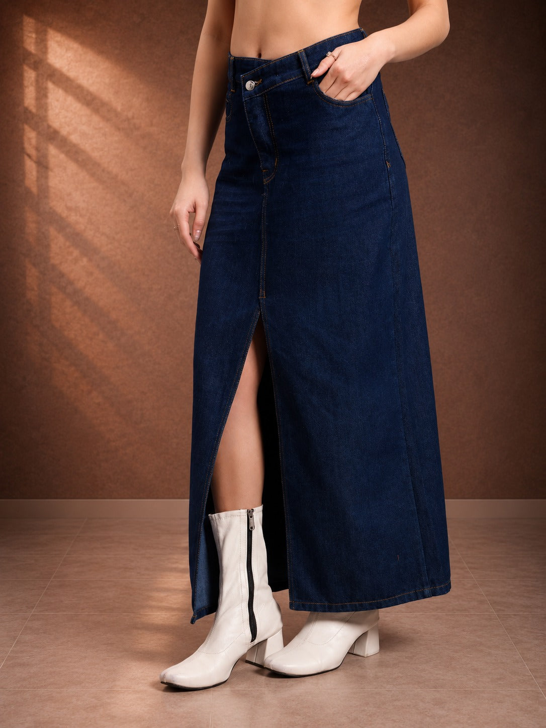 Women's Dark Blue Front Slit Denim Maxi Skirt