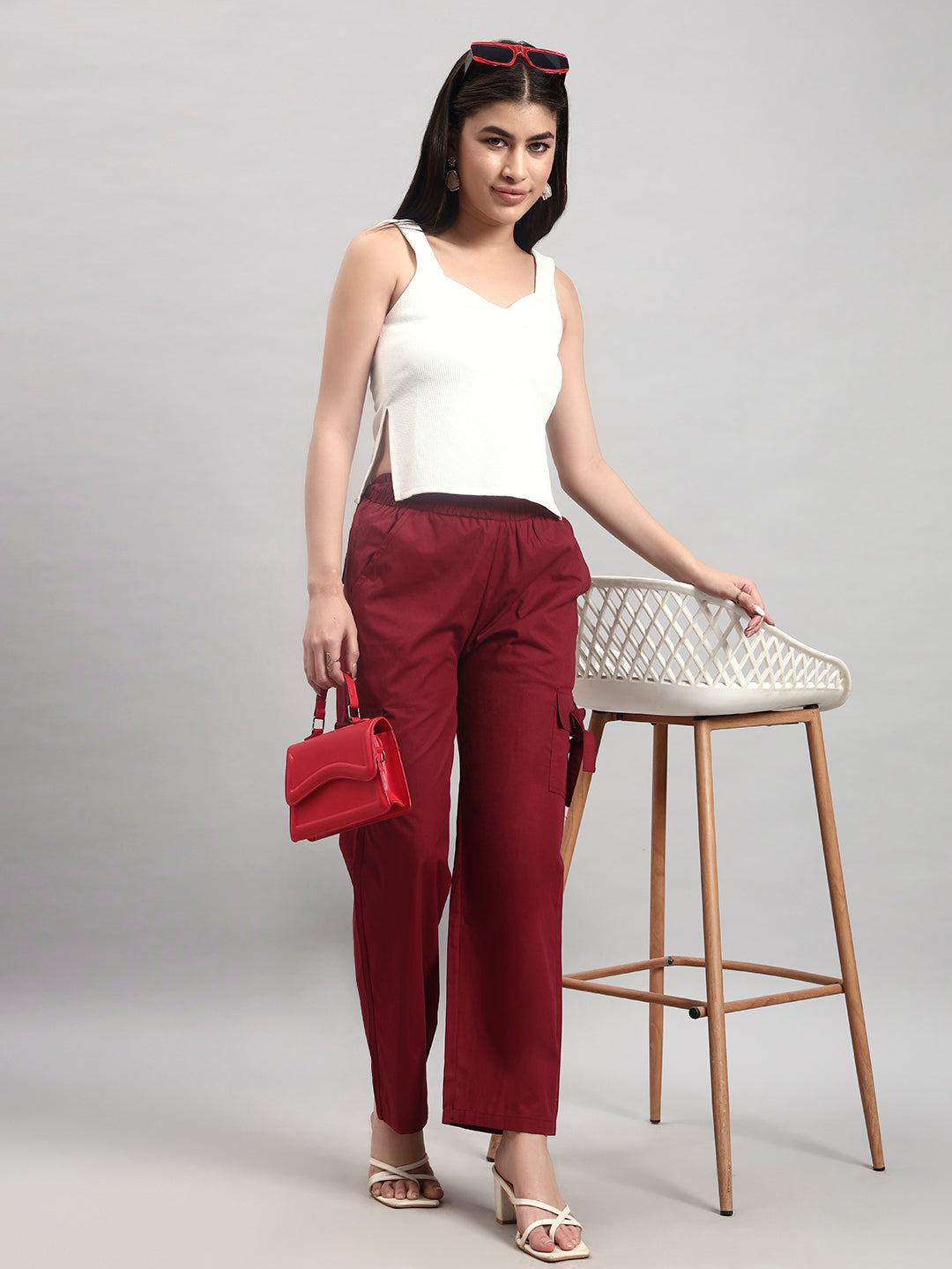 Maroon Cargo Straight-Leg Trousers