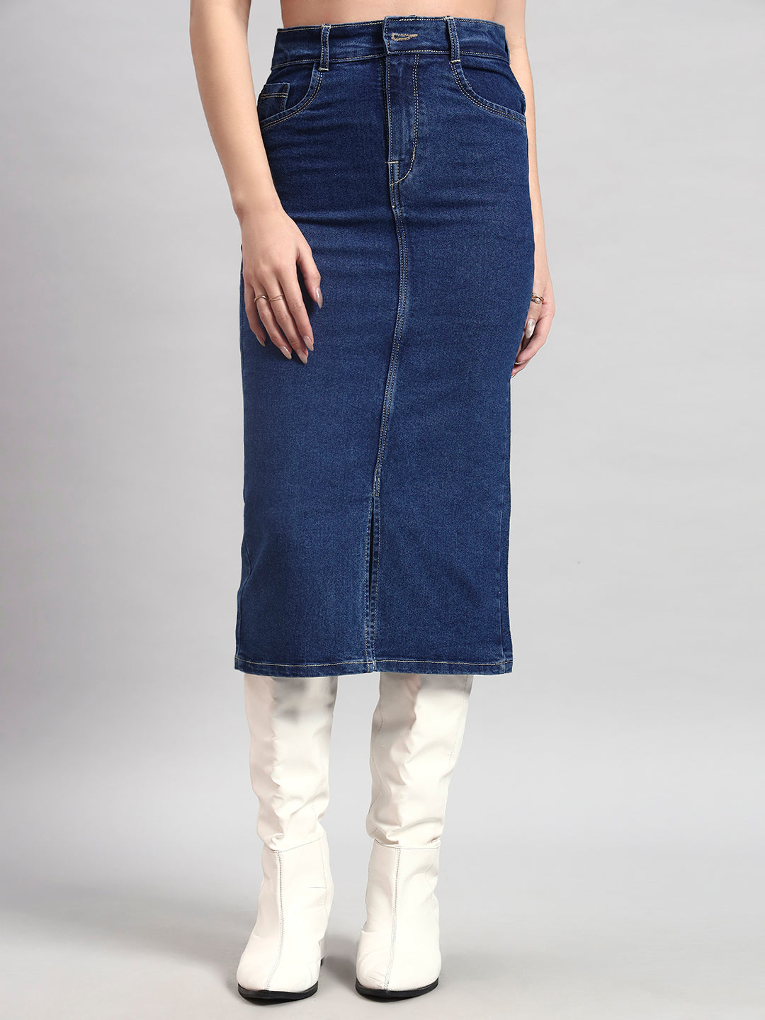 Mid-Blue Midi Denim Skirt with Front Slit