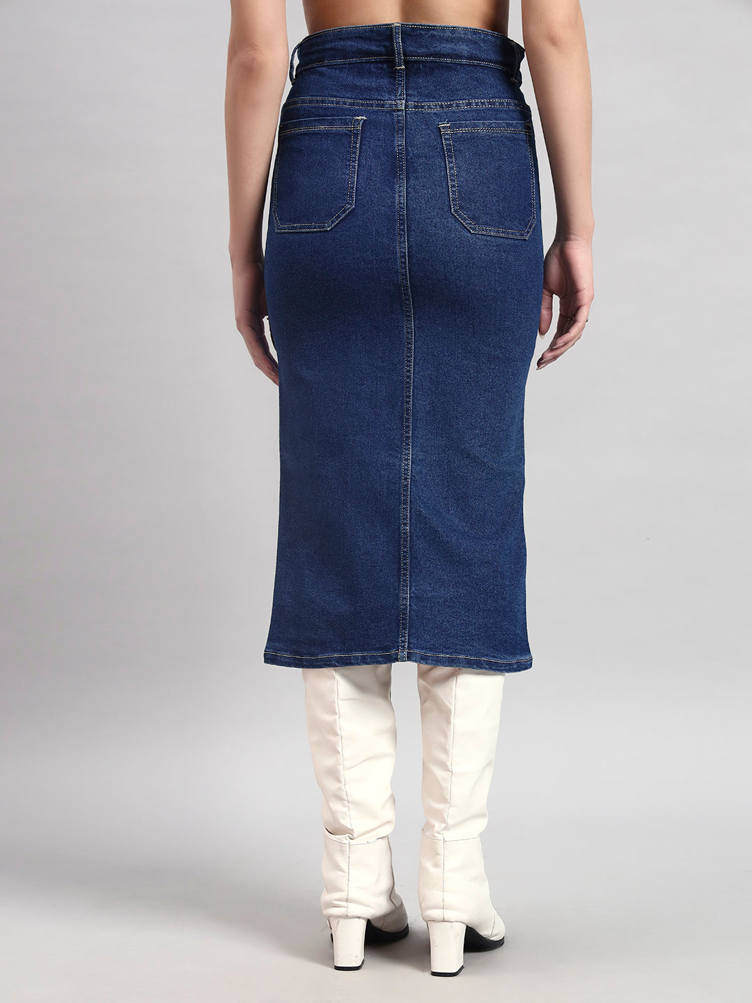 Mid-Blue Midi Denim Skirt with Front Slit