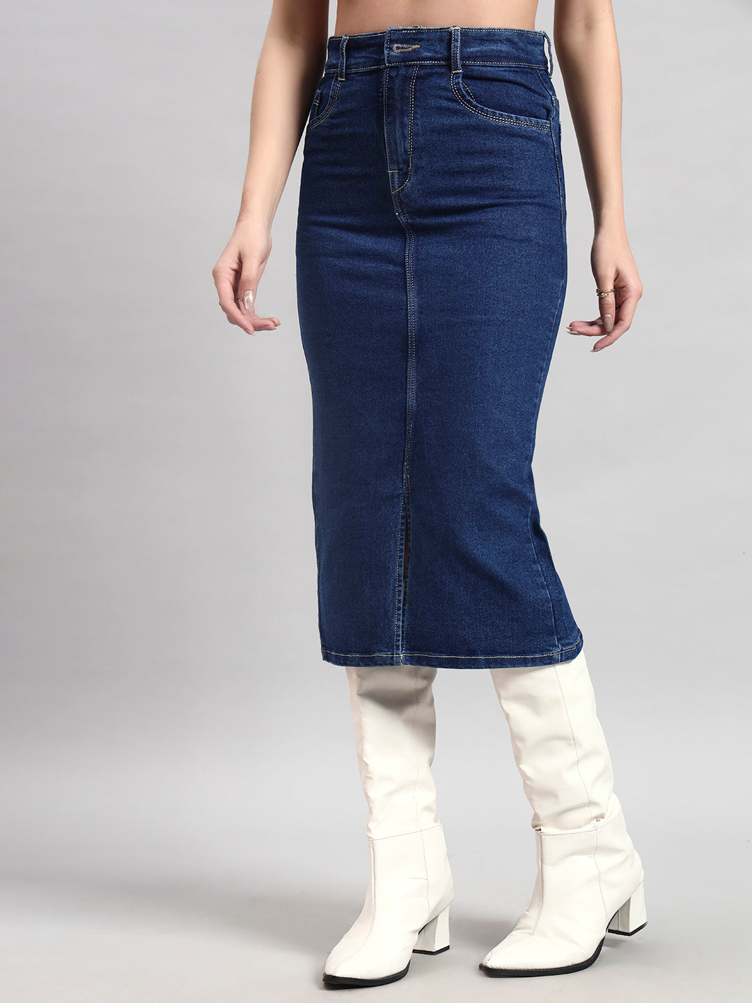 Mid-Blue Midi Denim Skirt with Front Slit