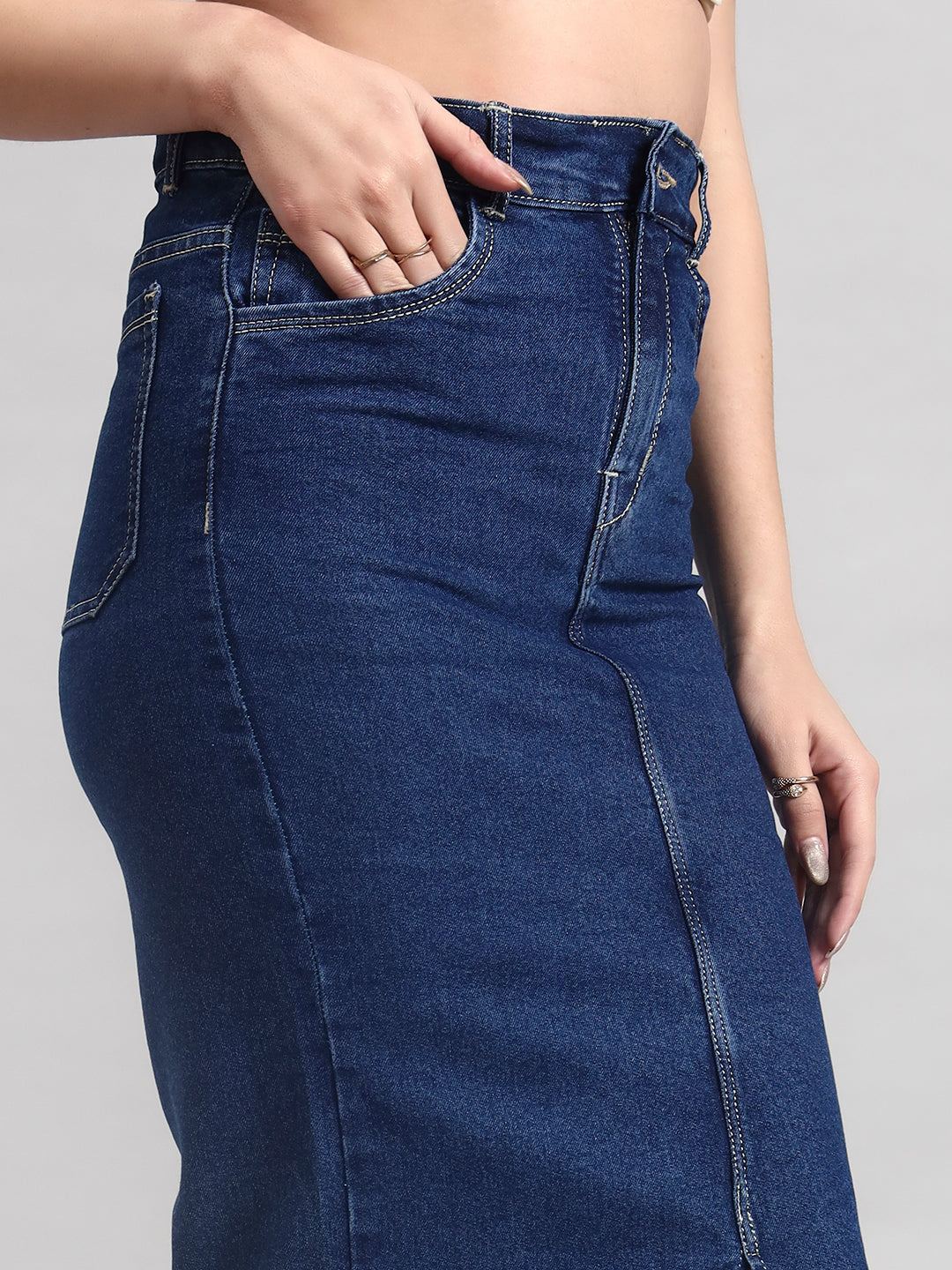 Mid-Blue Midi Denim Skirt with Front Slit