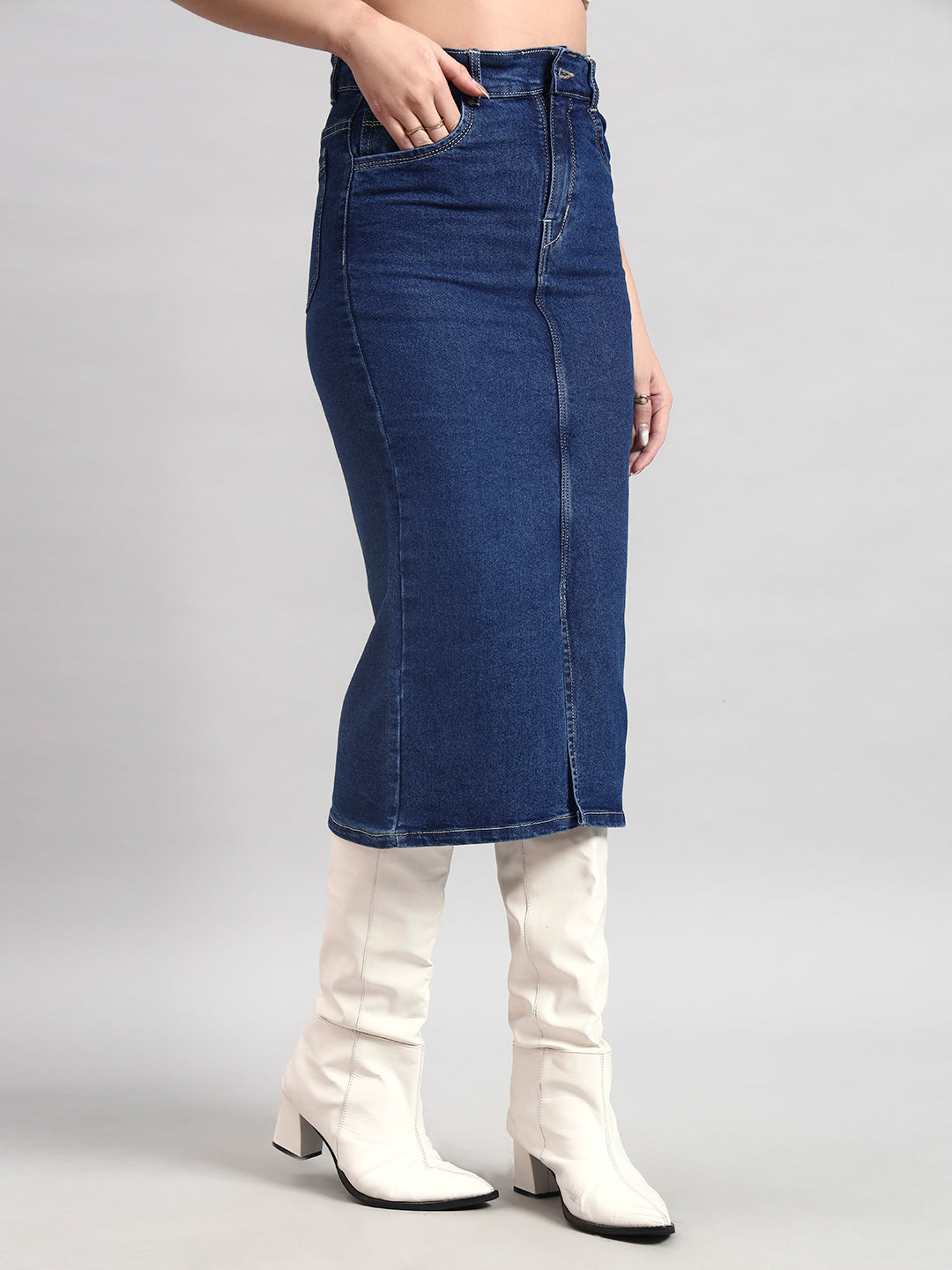 Mid-Blue Midi Denim Skirt with Front Slit