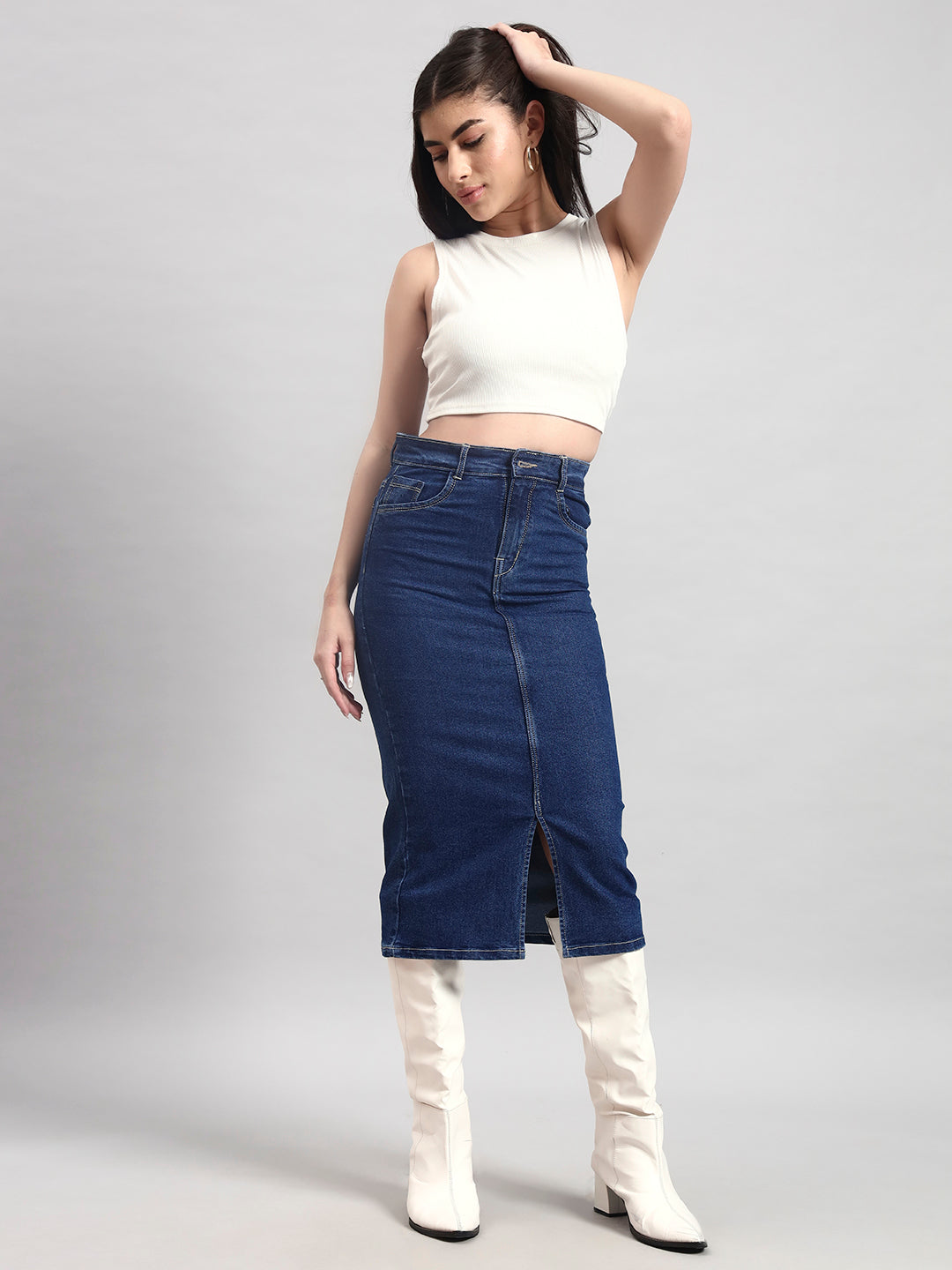 Mid-Blue Midi Denim Skirt with Front Slit