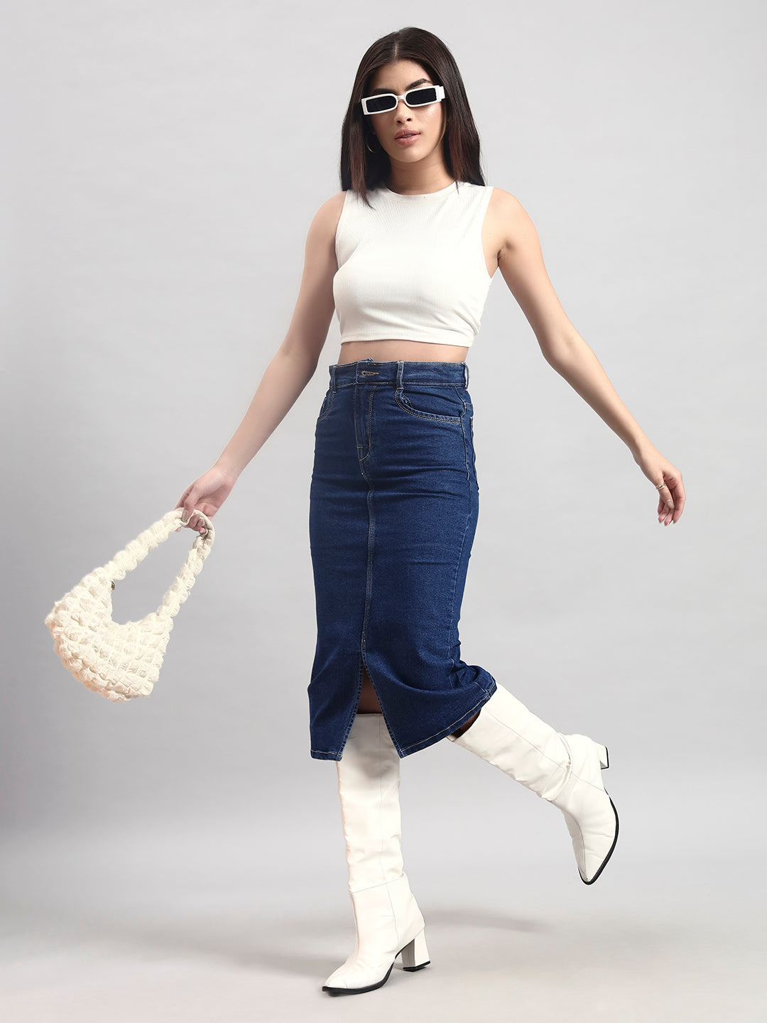 Mid-Blue Midi Denim Skirt with Front Slit