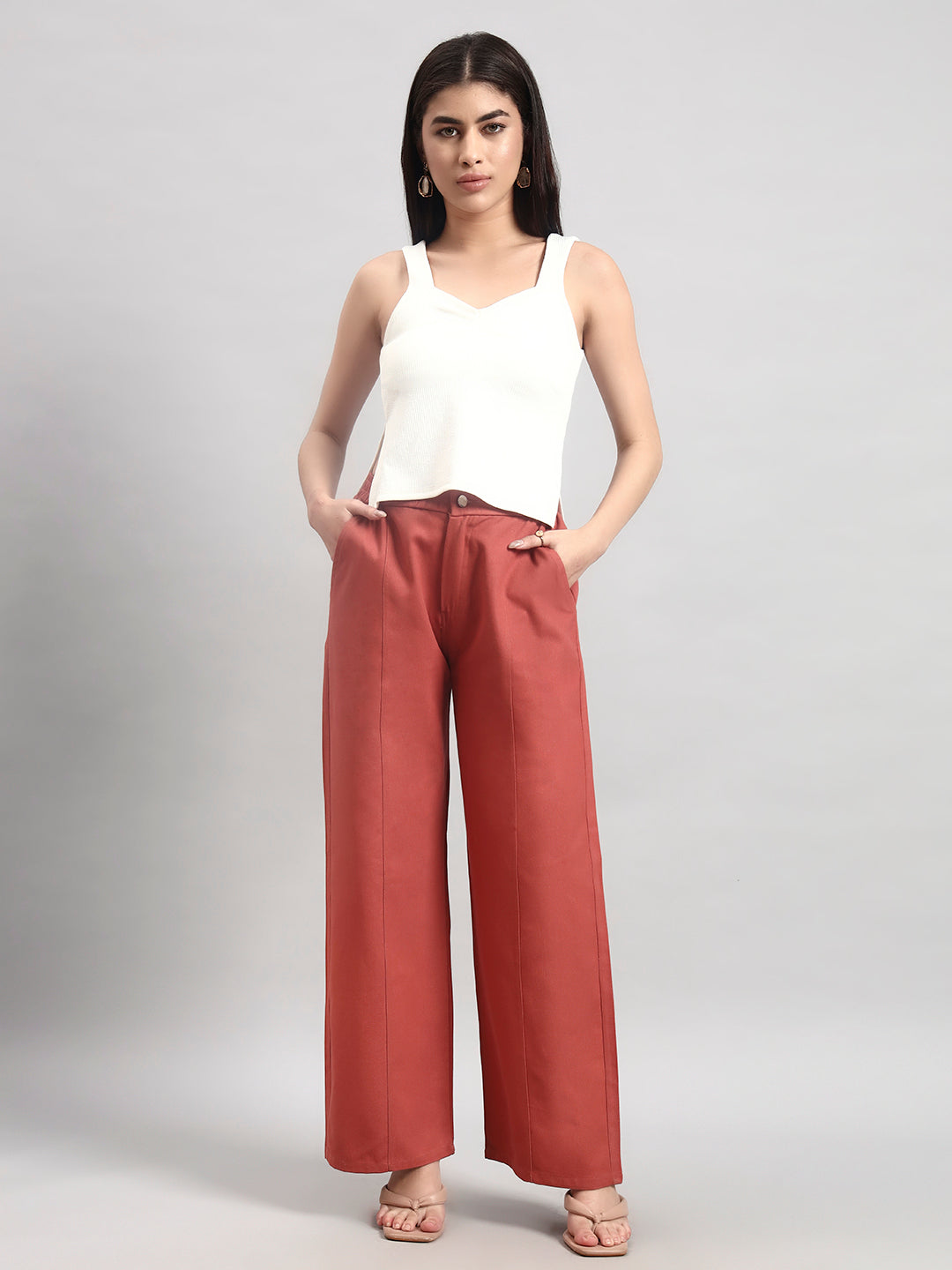 Rustic Red Wide-Leg High-Waist Trousers
