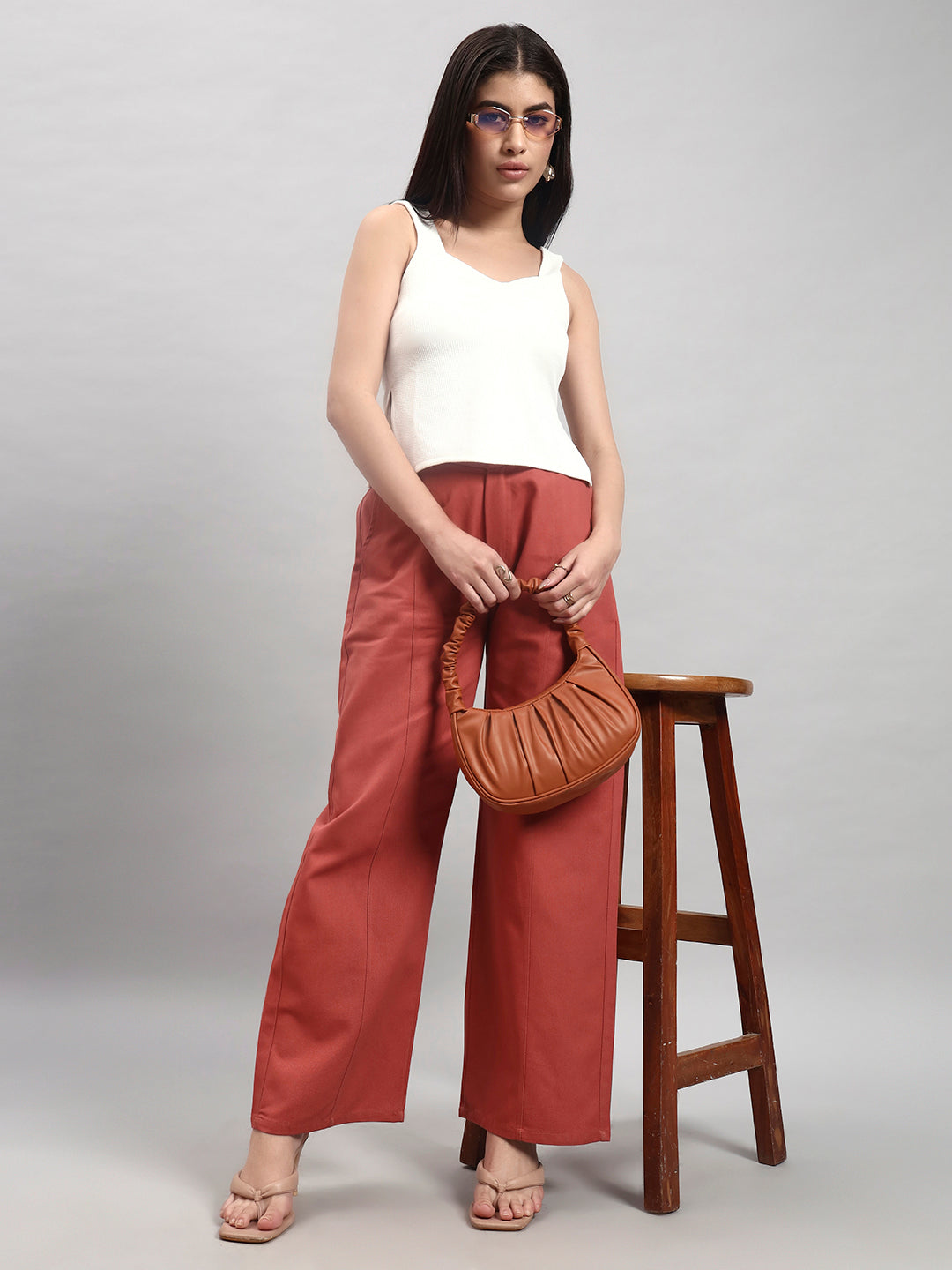 Rustic Red Wide-Leg High-Waist Trousers