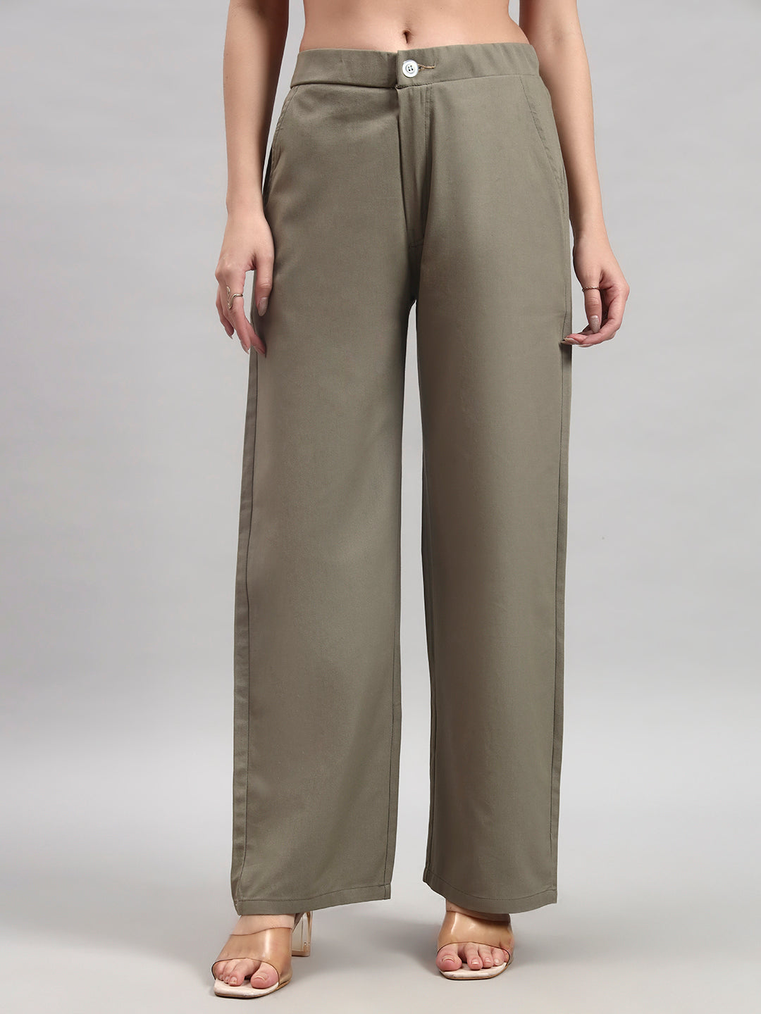 Khaki Straight-Fit High-Waist Trousers
