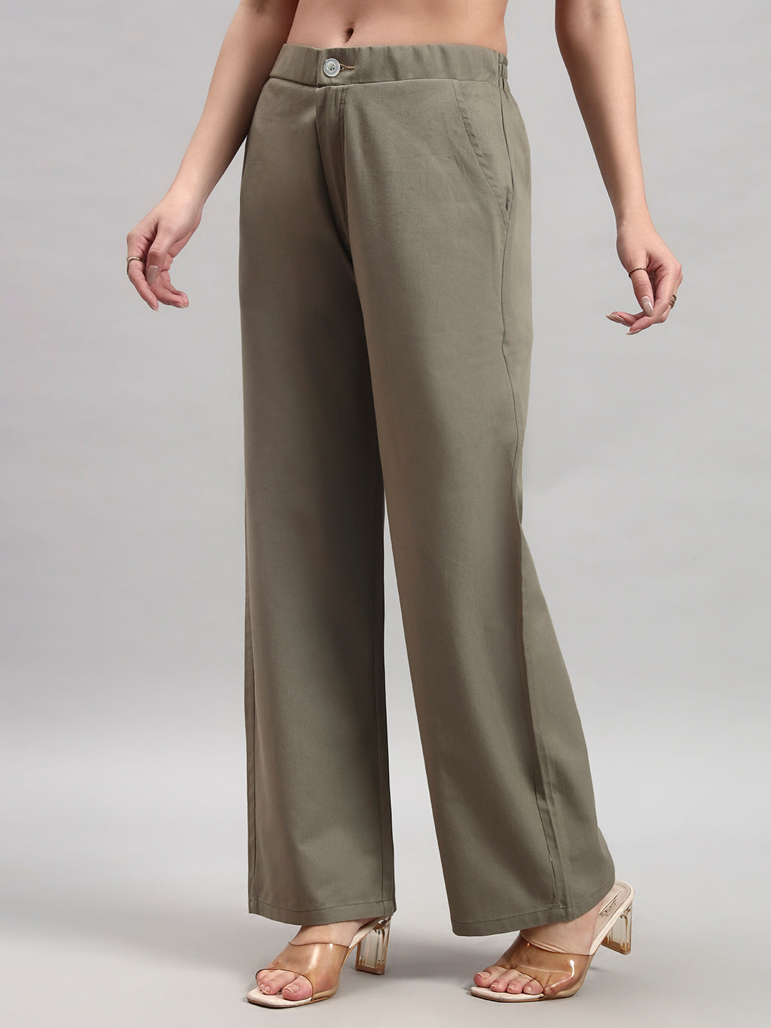 Khaki Straight-Fit High-Waist Trousers