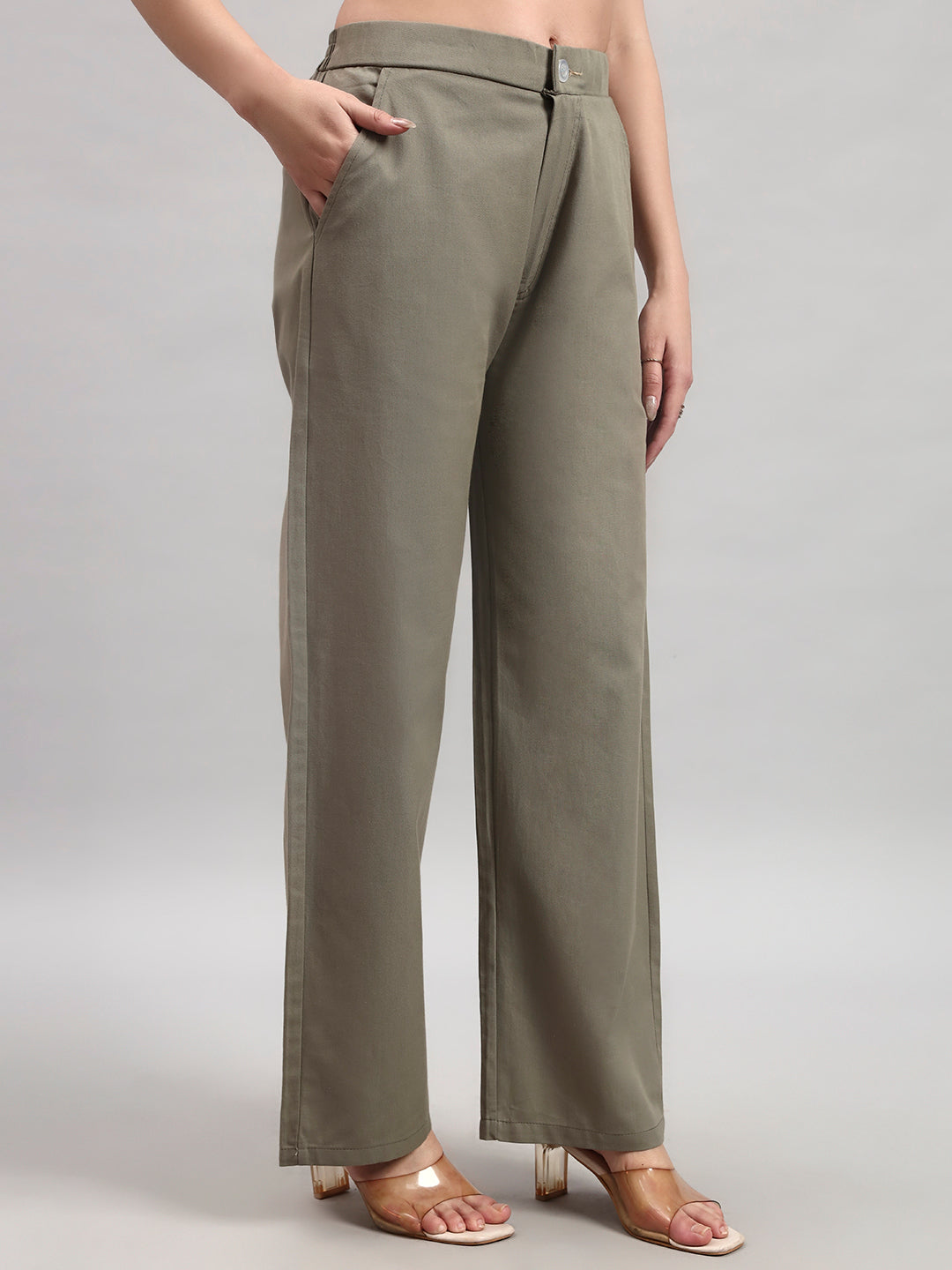 Khaki Straight-Fit High-Waist Trousers