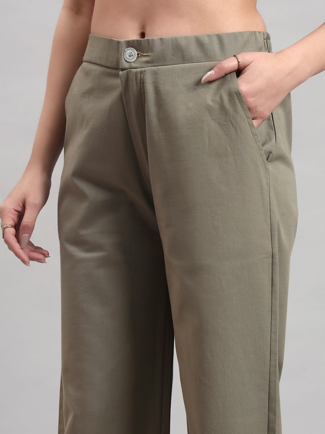 Khaki Straight-Fit High-Waist Trousers