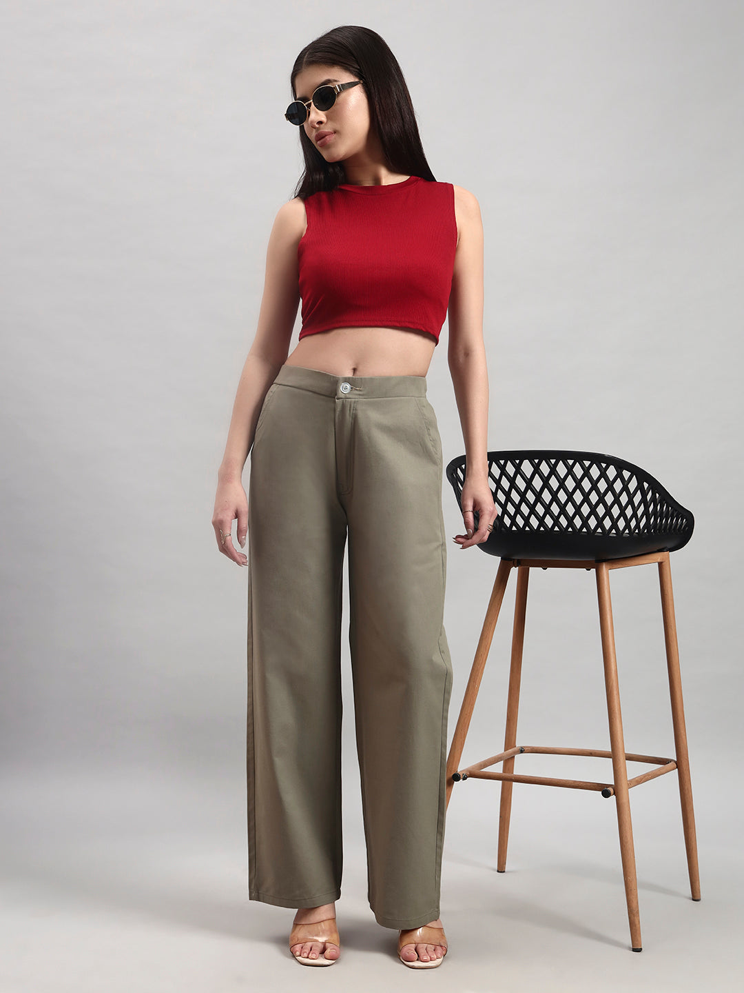 Khaki Straight-Fit High-Waist Trousers