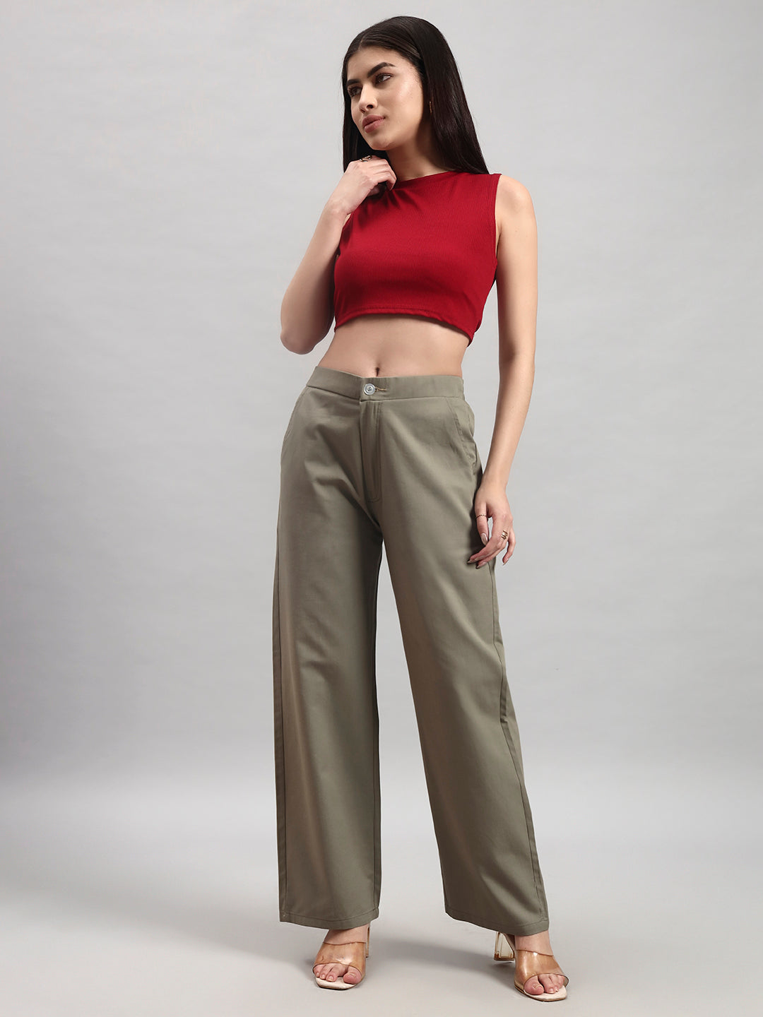 Khaki Straight-Fit High-Waist Trousers