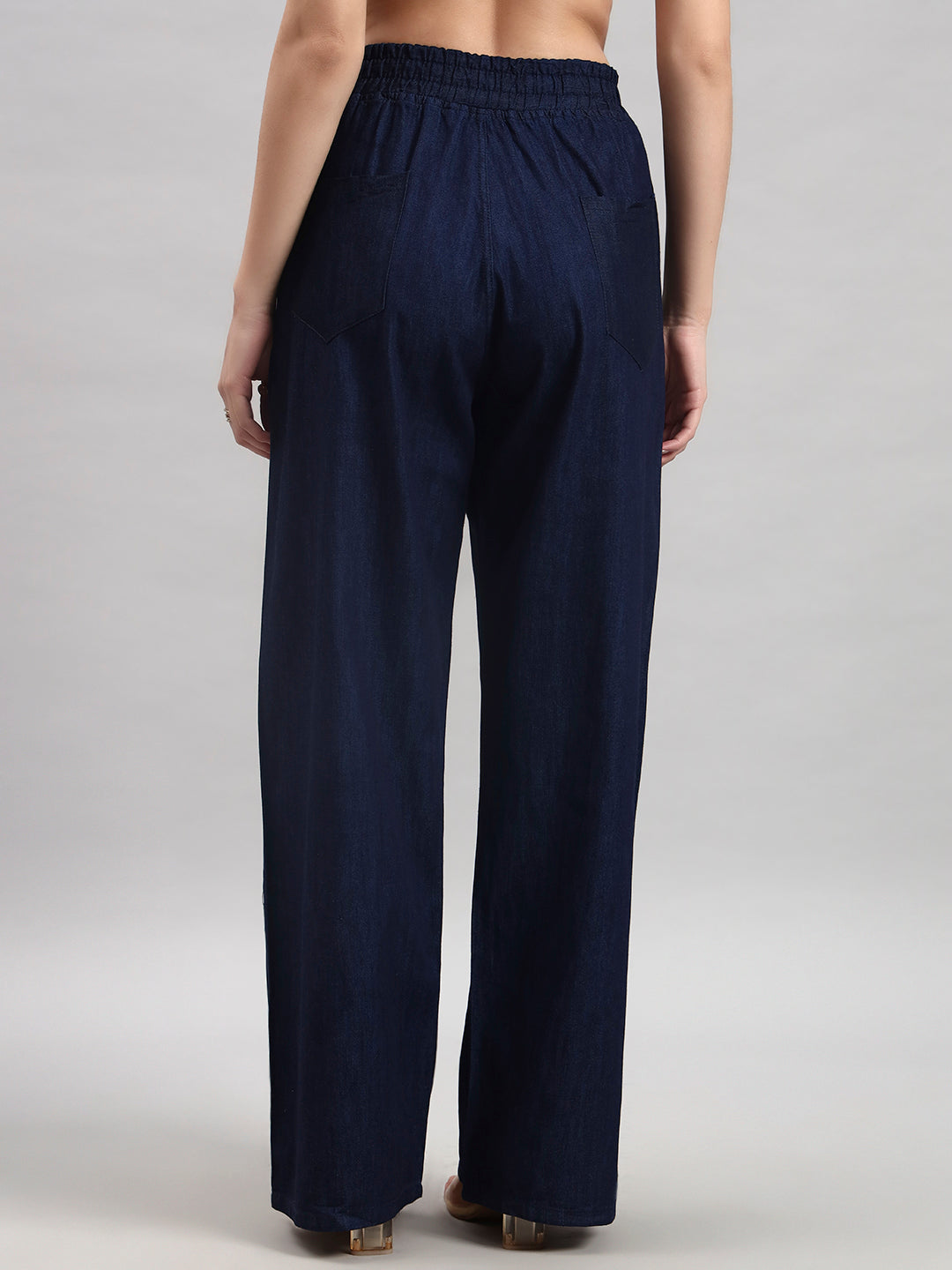 Dark Blue Elastic-Waist Straight-Leg Trousers