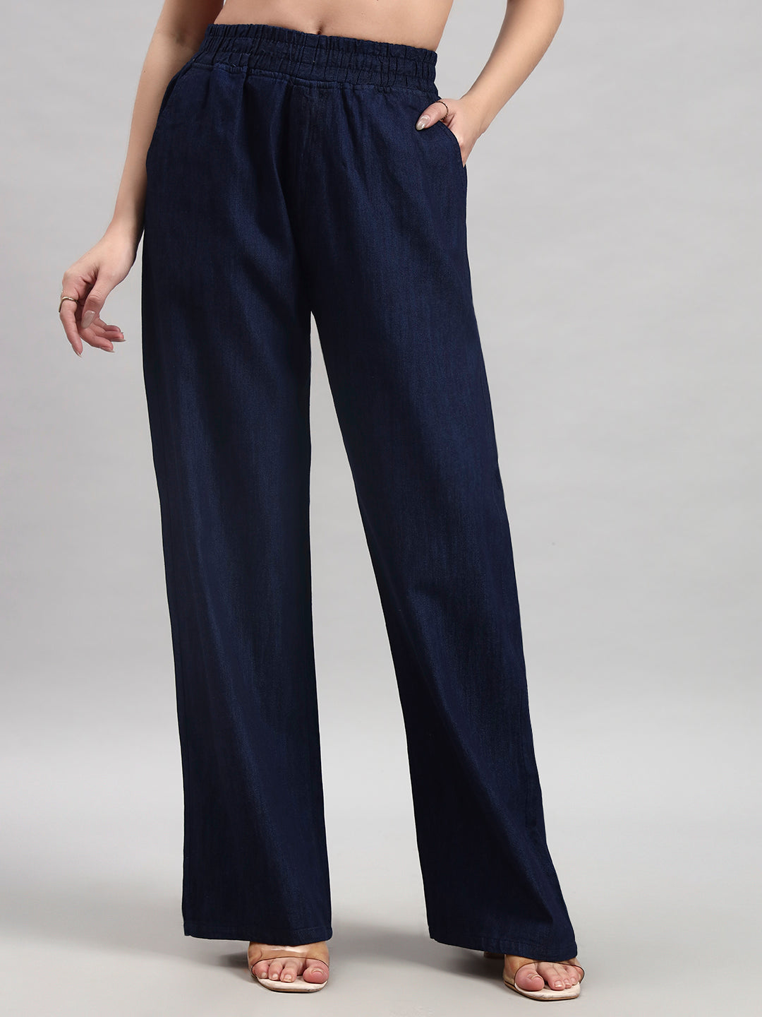 Dark Blue Elastic-Waist Straight-Leg Trousers