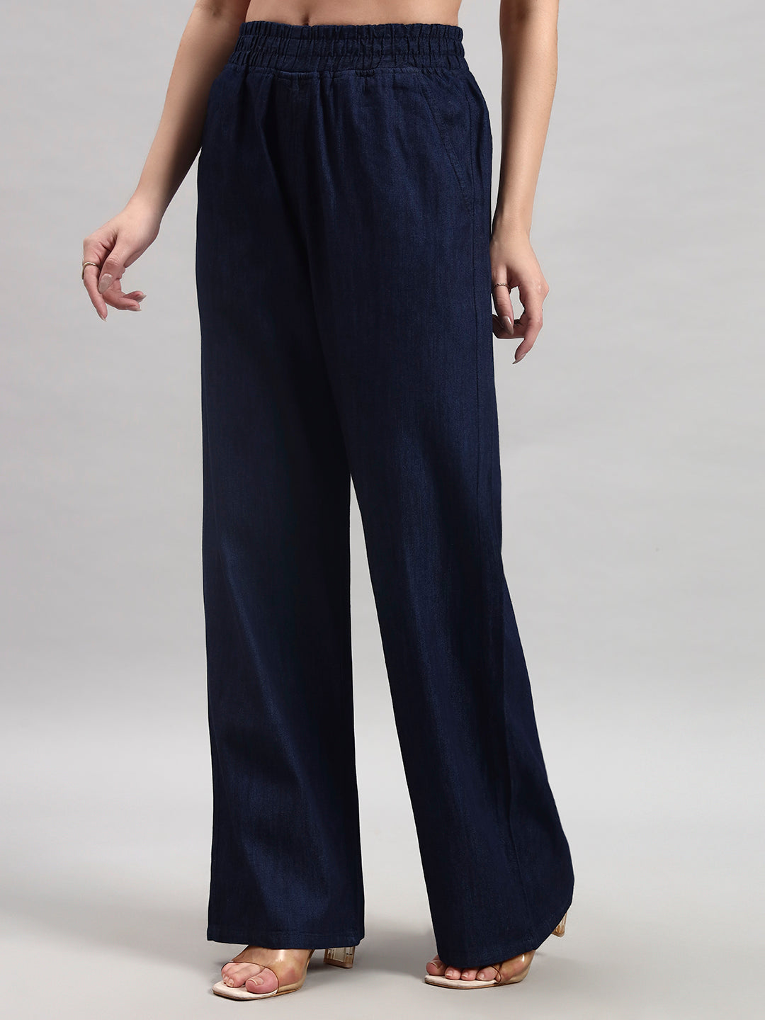 Dark Blue Elastic-Waist Straight-Leg Trousers