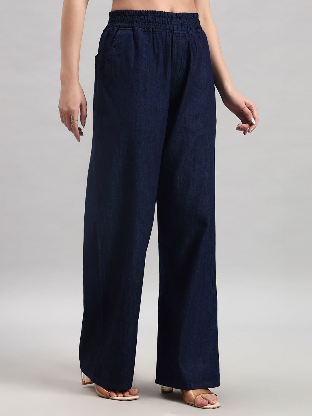 Dark Blue Elastic-Waist Straight-Leg Trousers