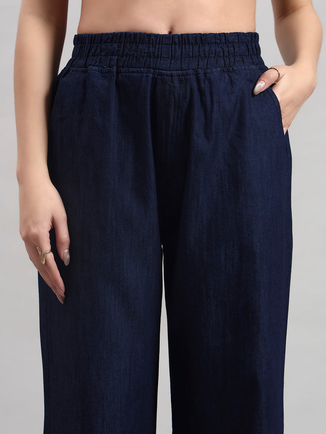 Dark Blue Elastic-Waist Straight-Leg Trousers