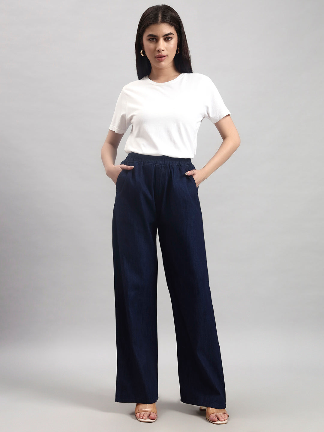 Dark Blue Elastic-Waist Straight-Leg Trousers