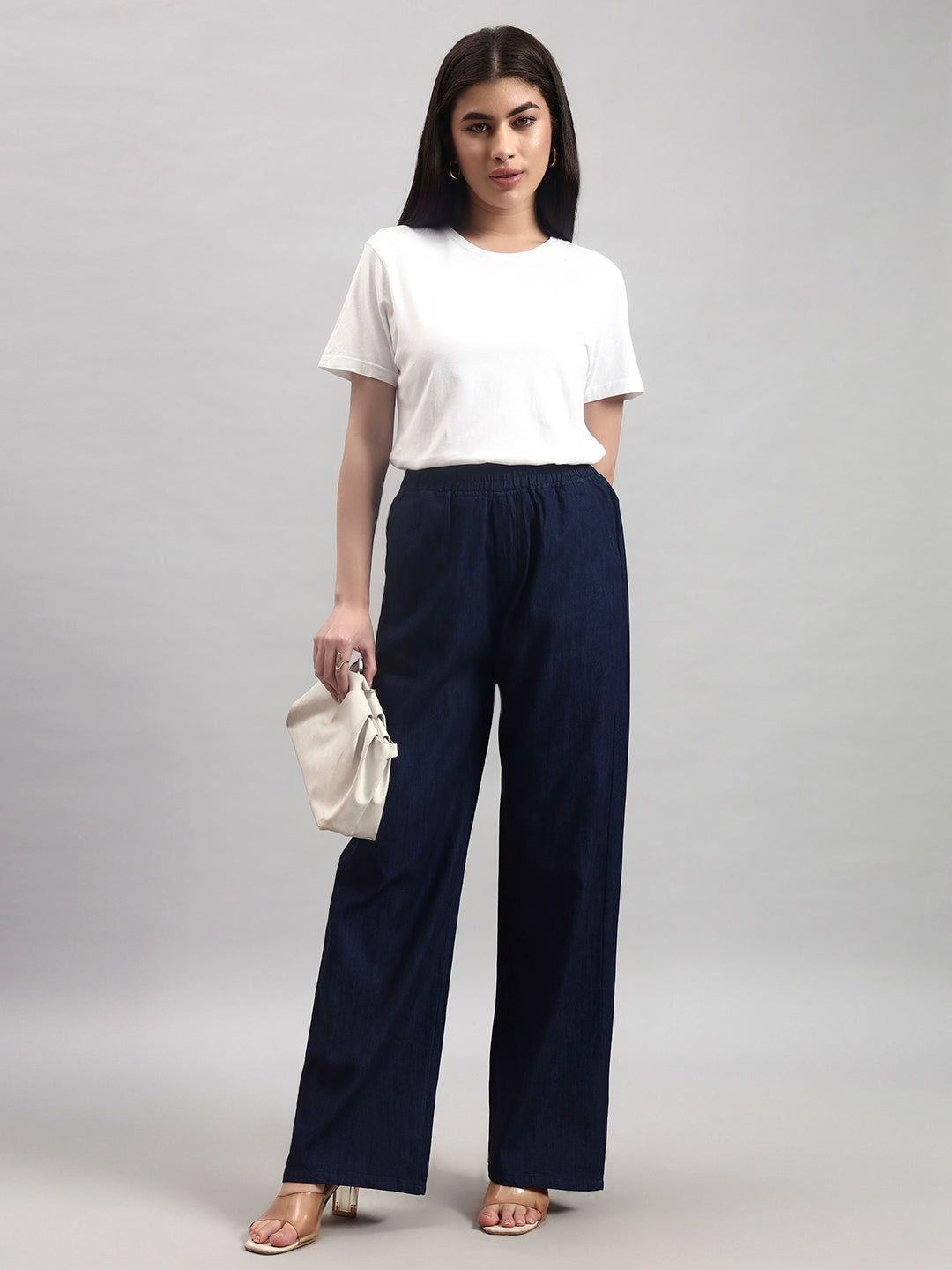 Dark Blue Elastic-Waist Straight-Leg Trousers
