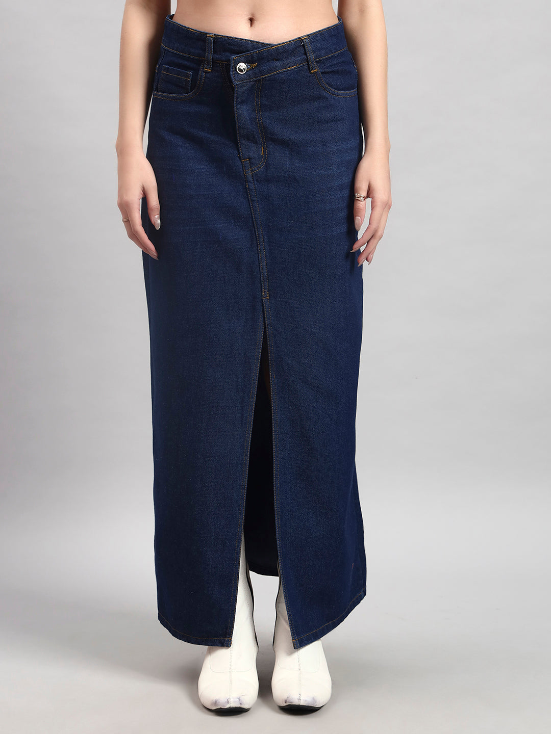 Dark Indigo Midi Denim Skirt with Front Slit