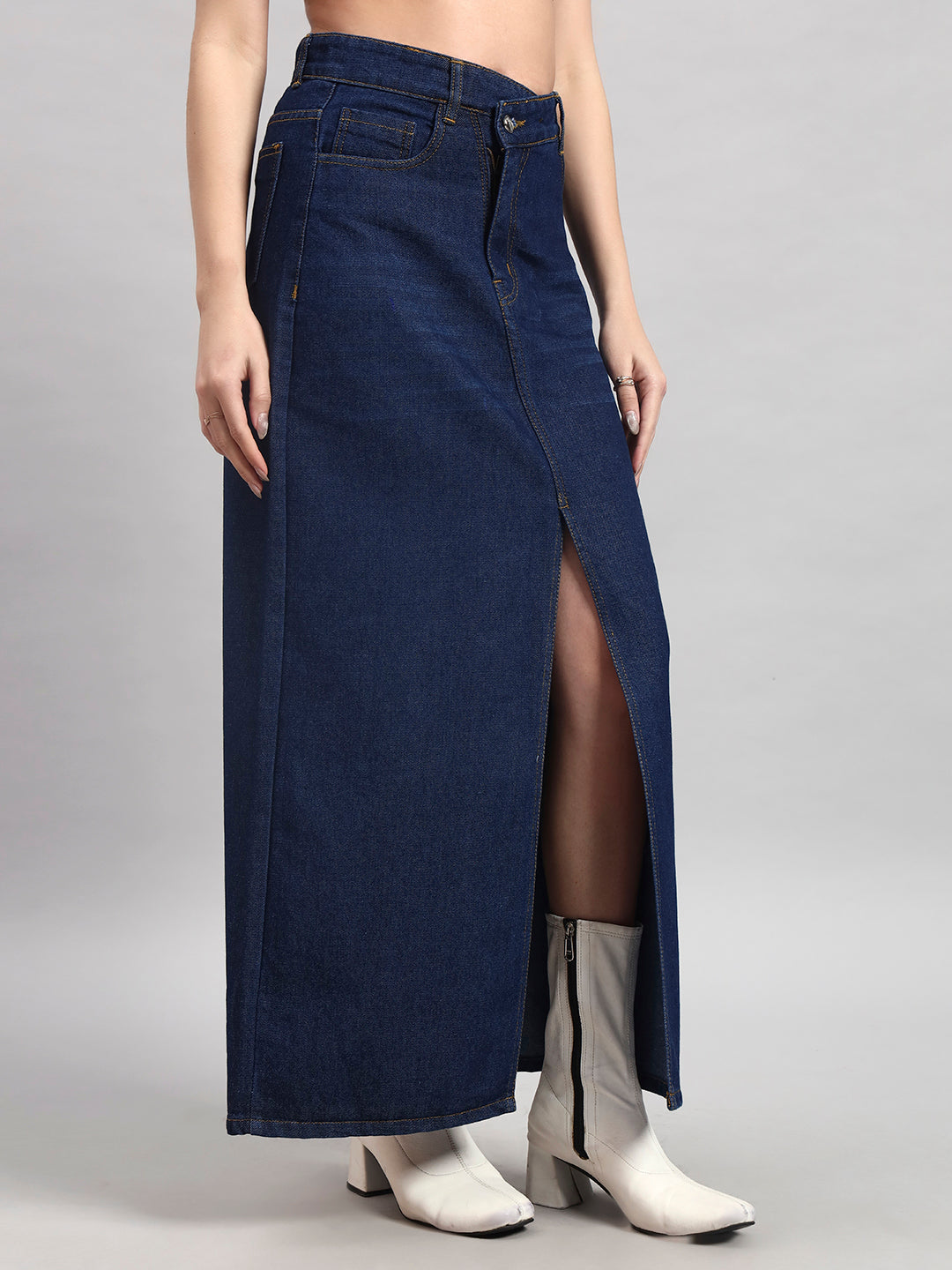 Dark Indigo Midi Denim Skirt with Front Slit