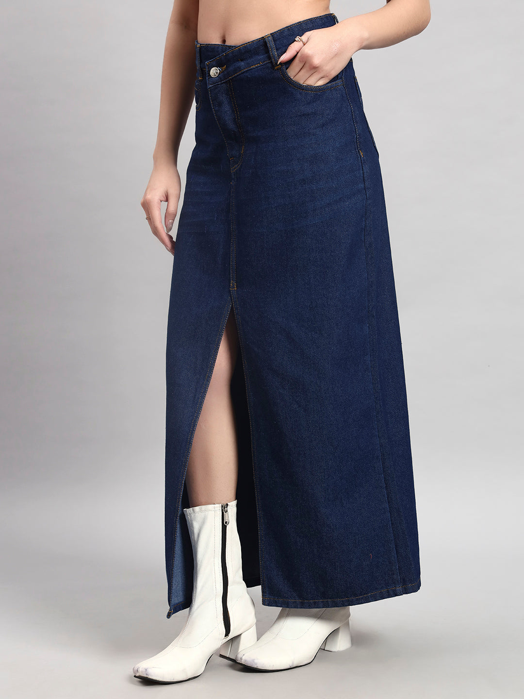 Dark Indigo Midi Denim Skirt with Front Slit