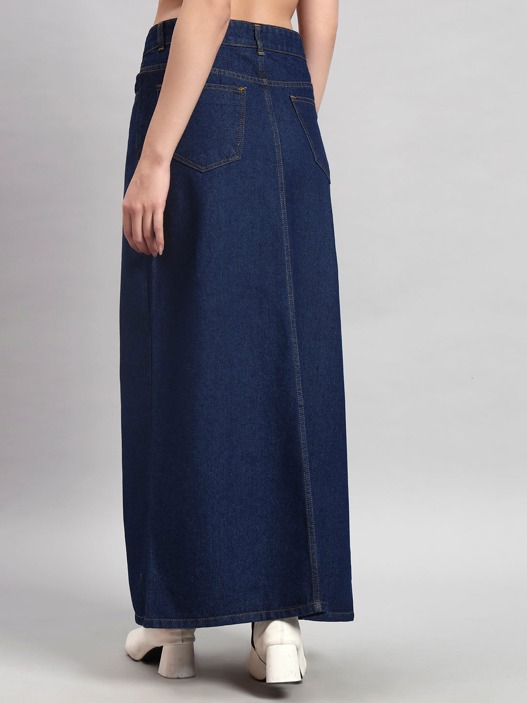 Dark Indigo Midi Denim Skirt with Front Slit