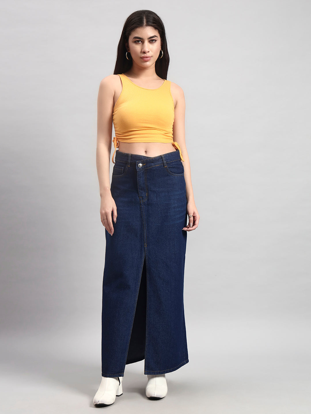 Dark Indigo Midi Denim Skirt with Front Slit