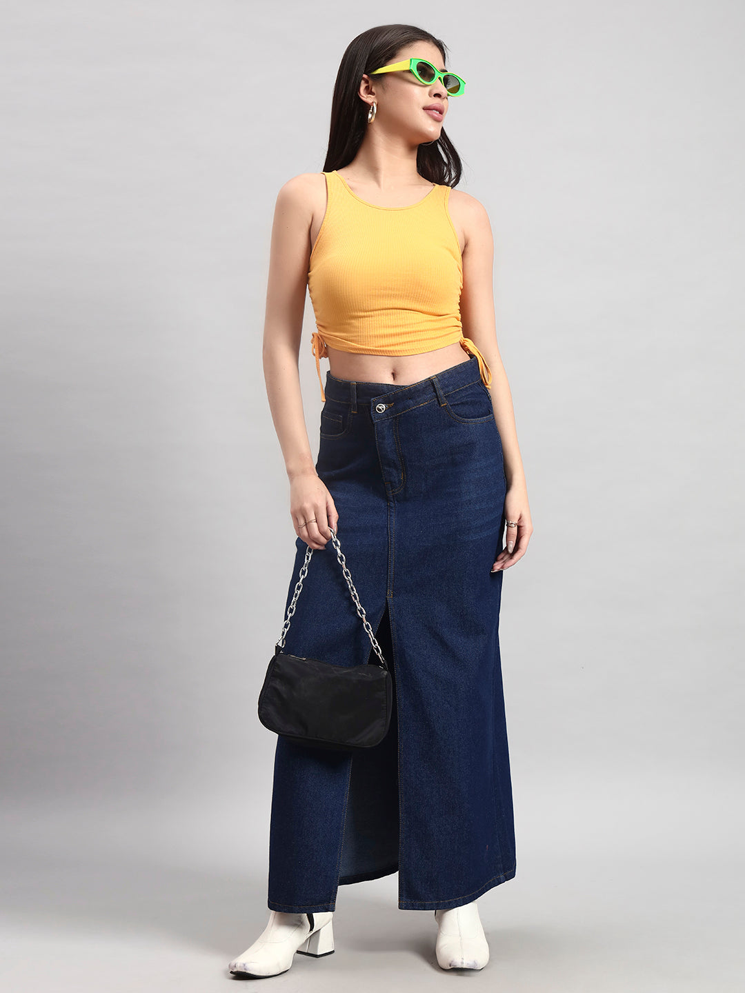 Dark Indigo Midi Denim Skirt with Front Slit