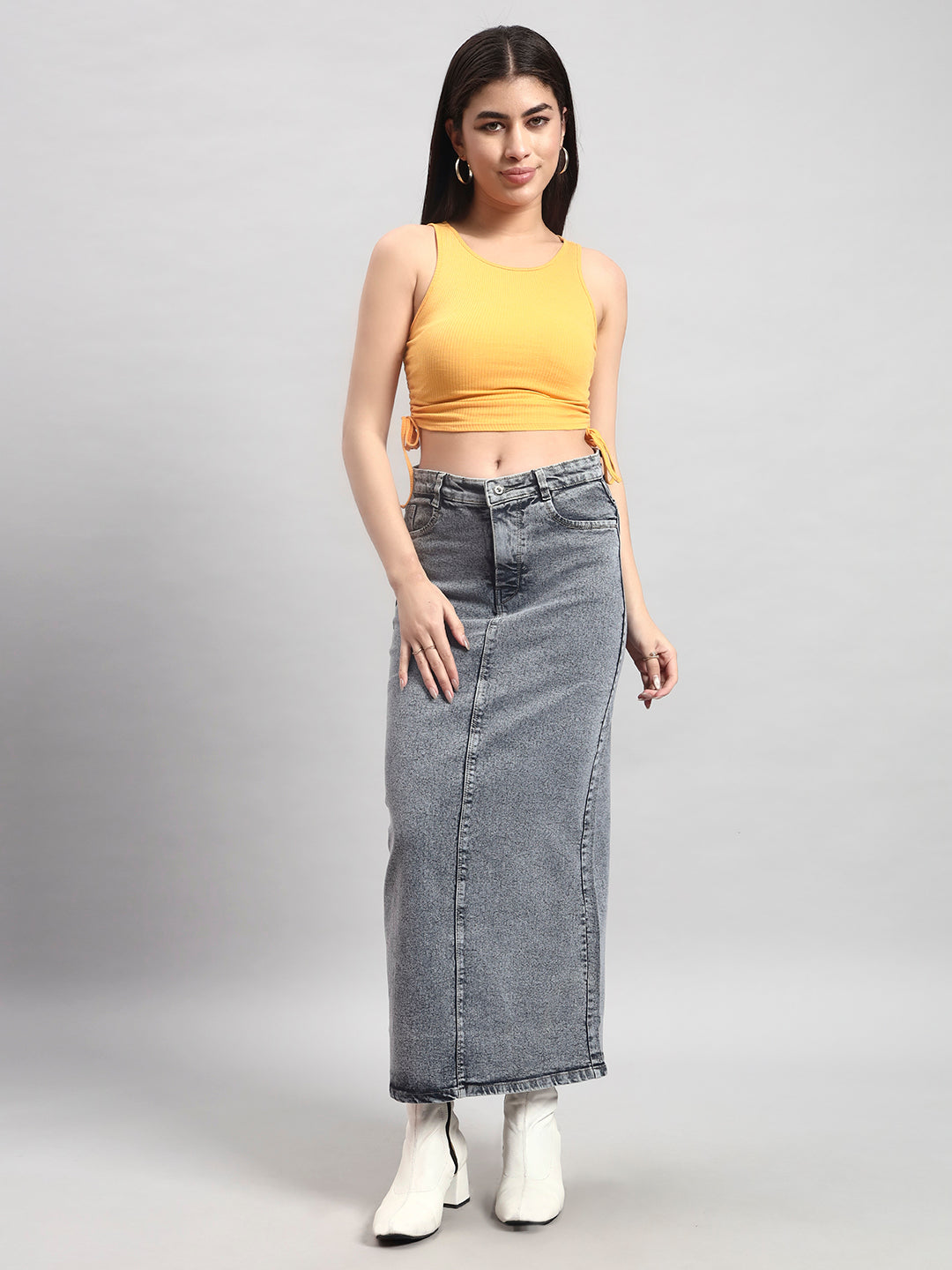 Charcoal Grey Denim Midi Skirt