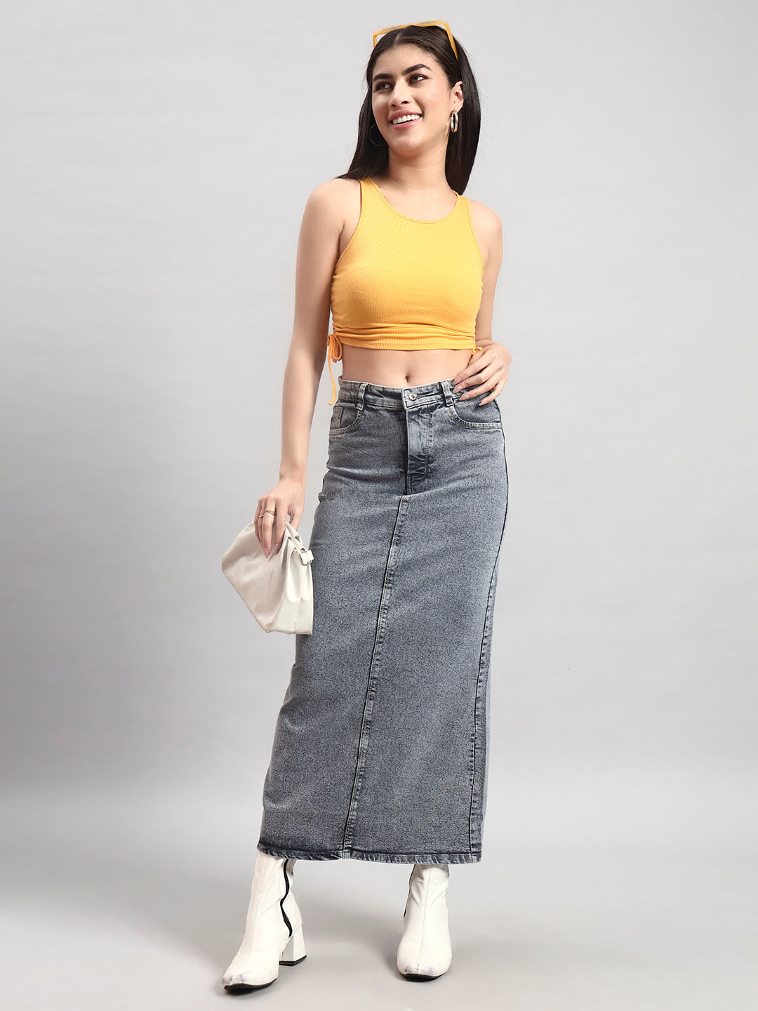 Charcoal Grey Denim Midi Skirt