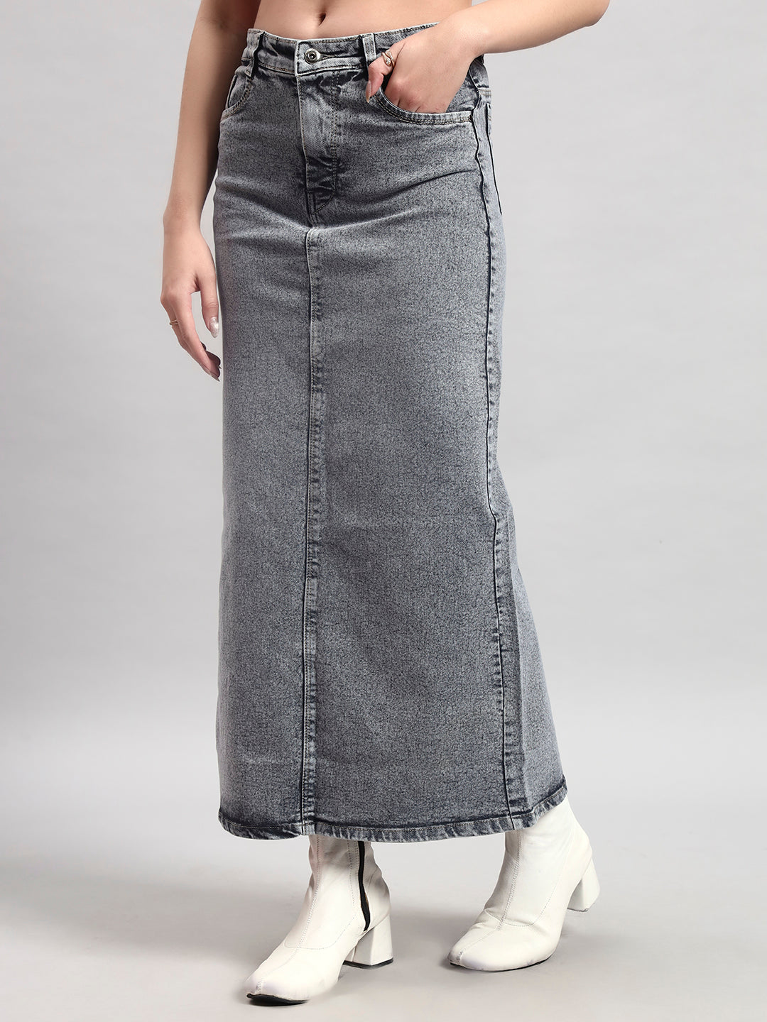Charcoal Grey Denim Midi Skirt