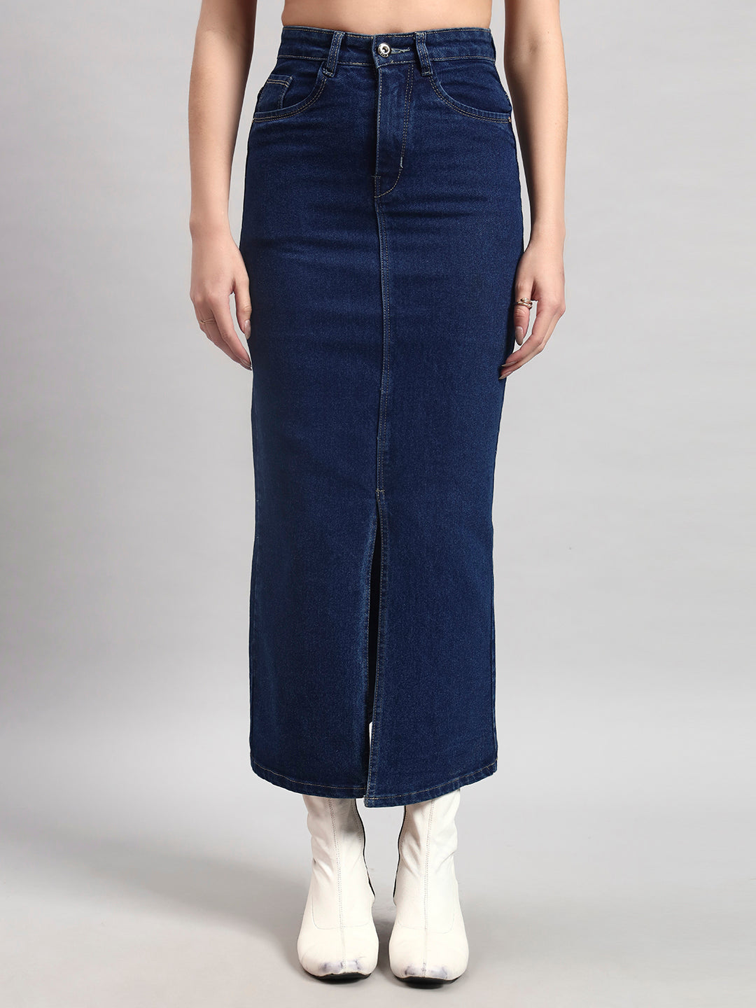 Classic Blue Midi Denim Skirt with Center Slit