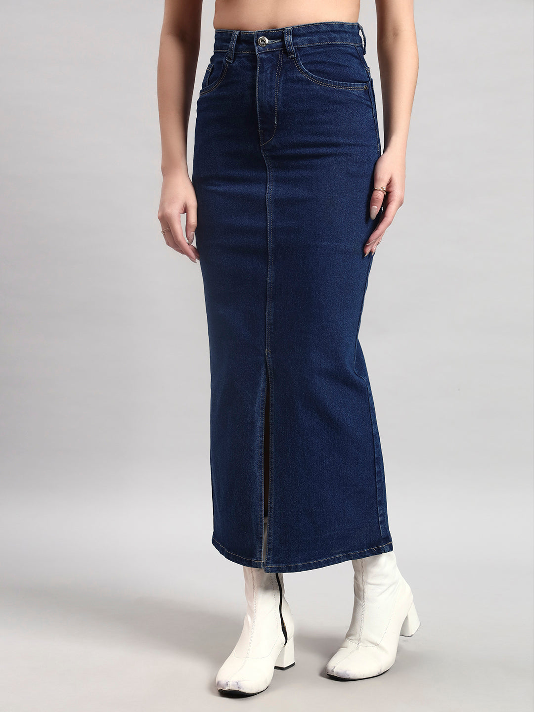 Classic Blue Midi Denim Skirt with Center Slit