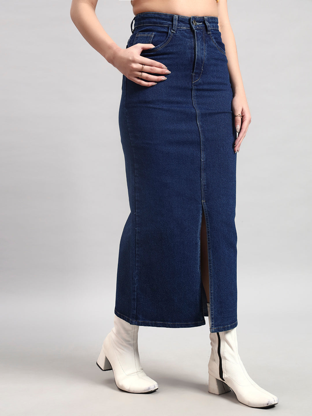 Classic Blue Midi Denim Skirt with Center Slit