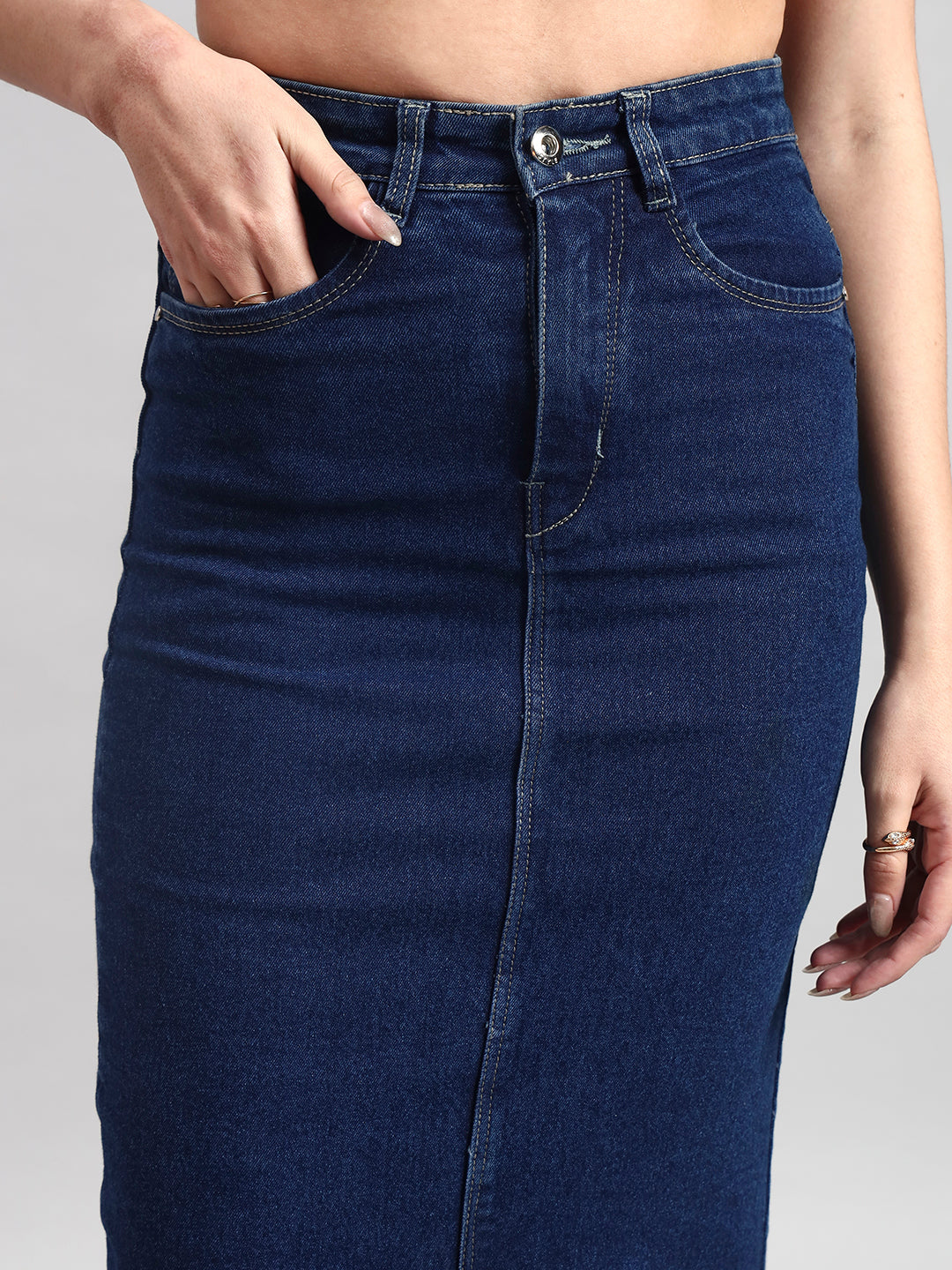 Classic Blue Midi Denim Skirt with Center Slit