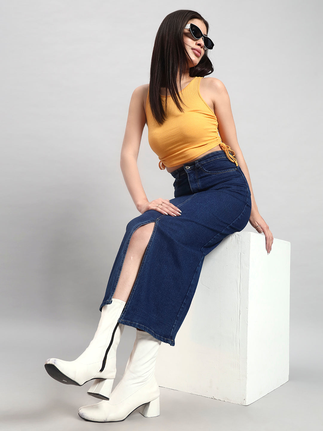 Classic Blue Midi Denim Skirt with Center Slit