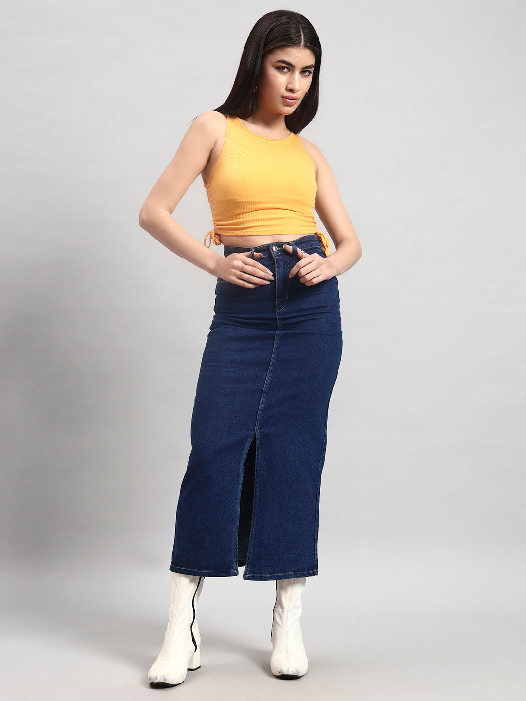 Classic Blue Midi Denim Skirt with Center Slit
