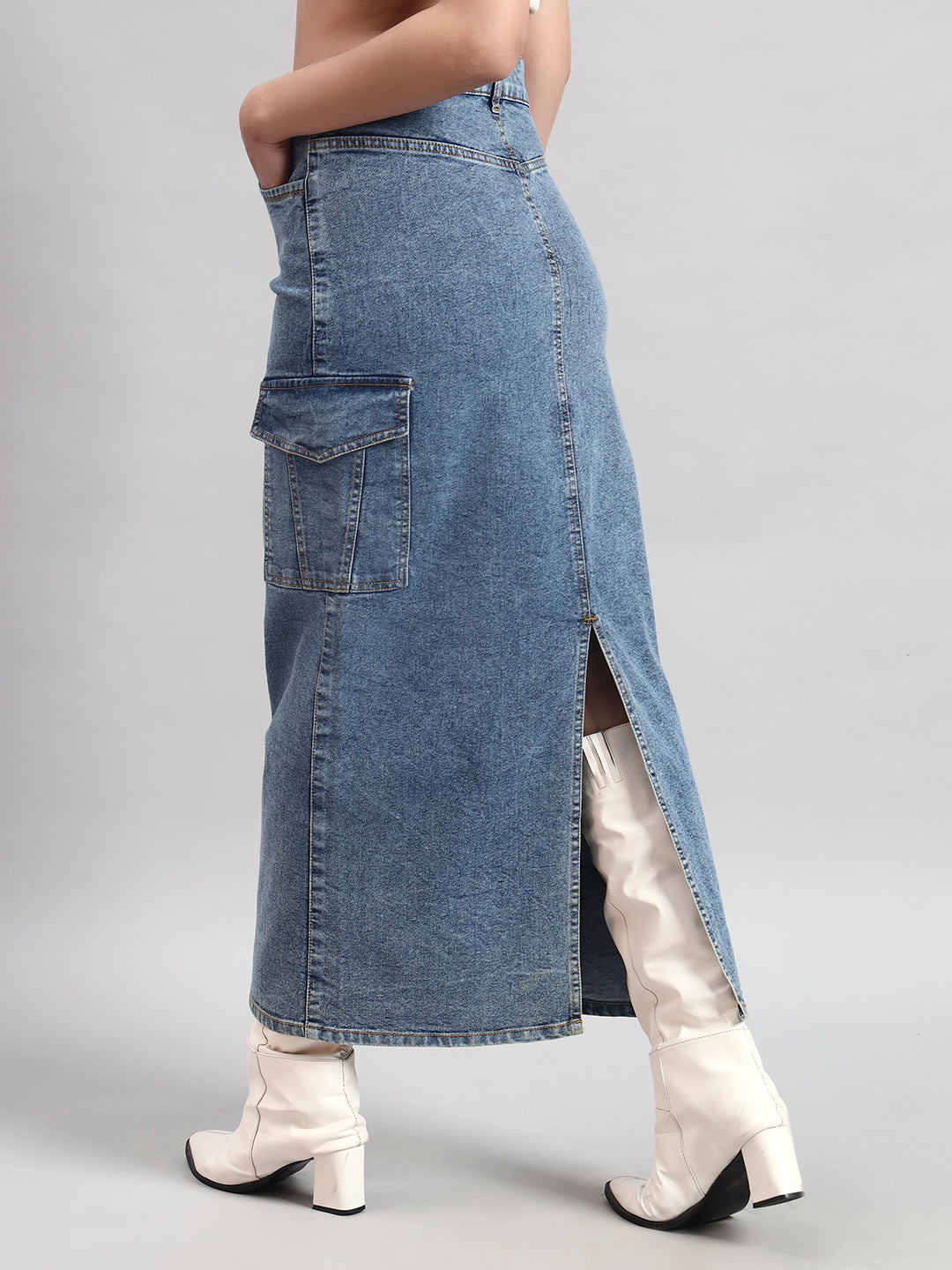 Light Blue Cargo Midi Denim Skirt with Back Slit