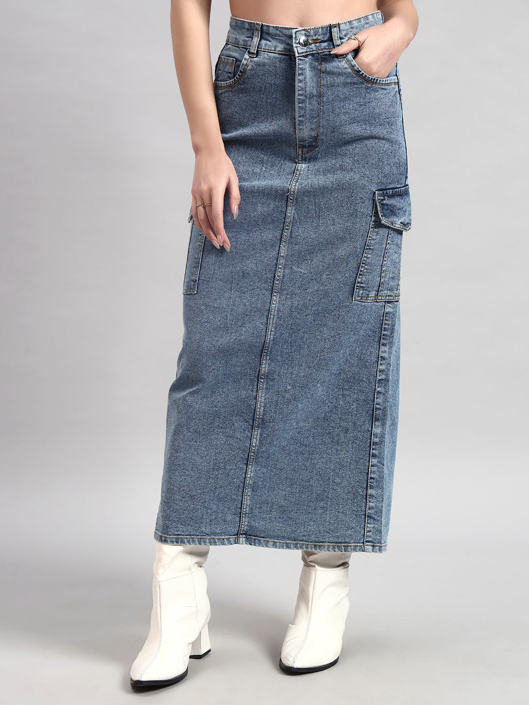 Light Blue Cargo Midi Denim Skirt with Back Slit