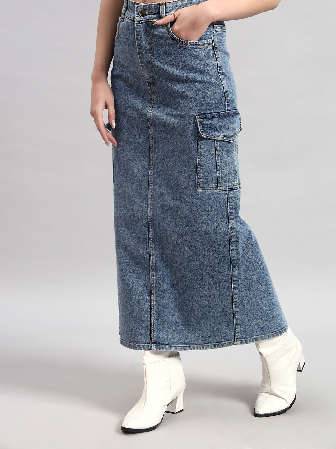 Light Blue Cargo Midi Denim Skirt with Back Slit