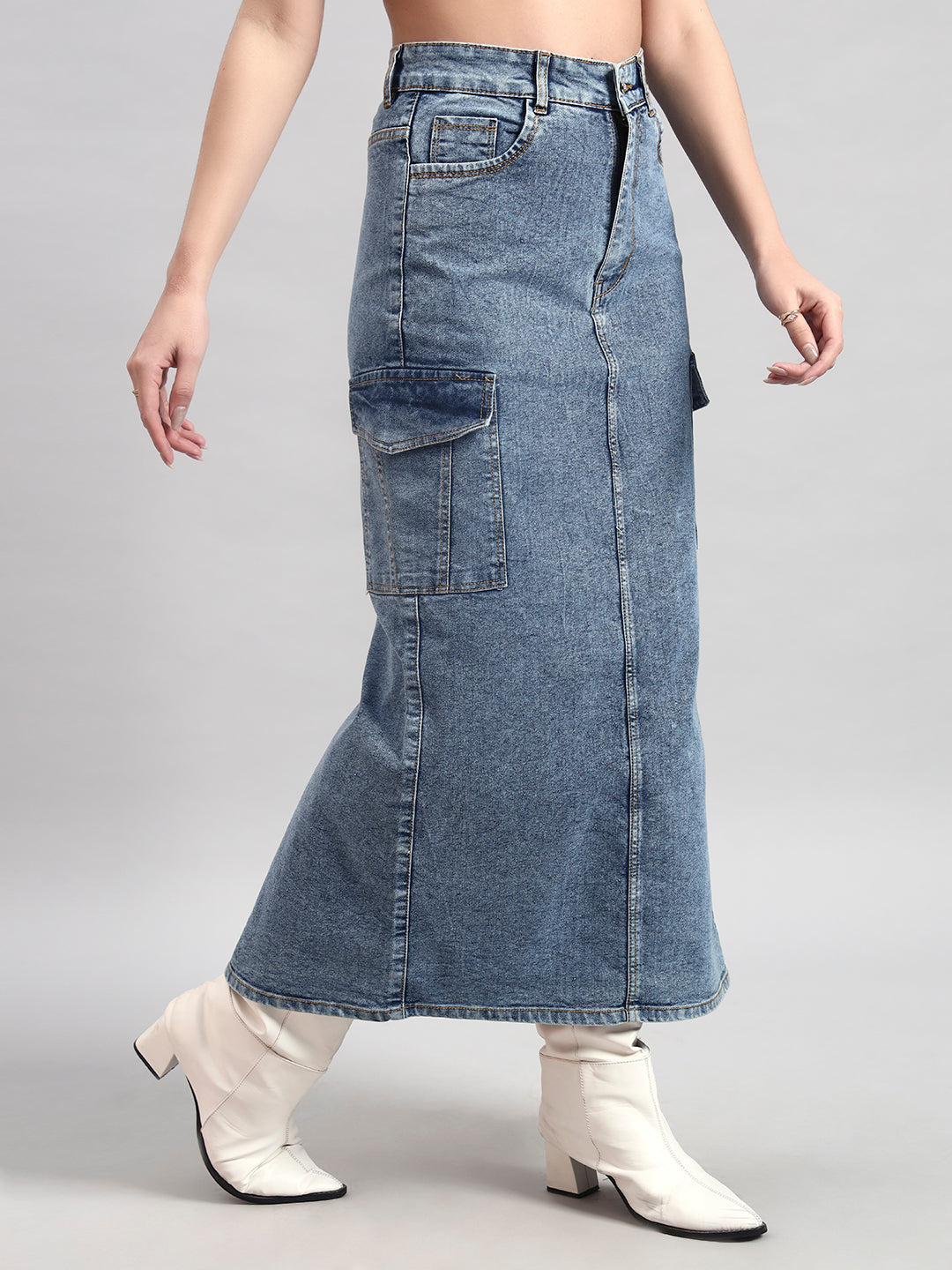 Light Blue Cargo Midi Denim Skirt with Back Slit