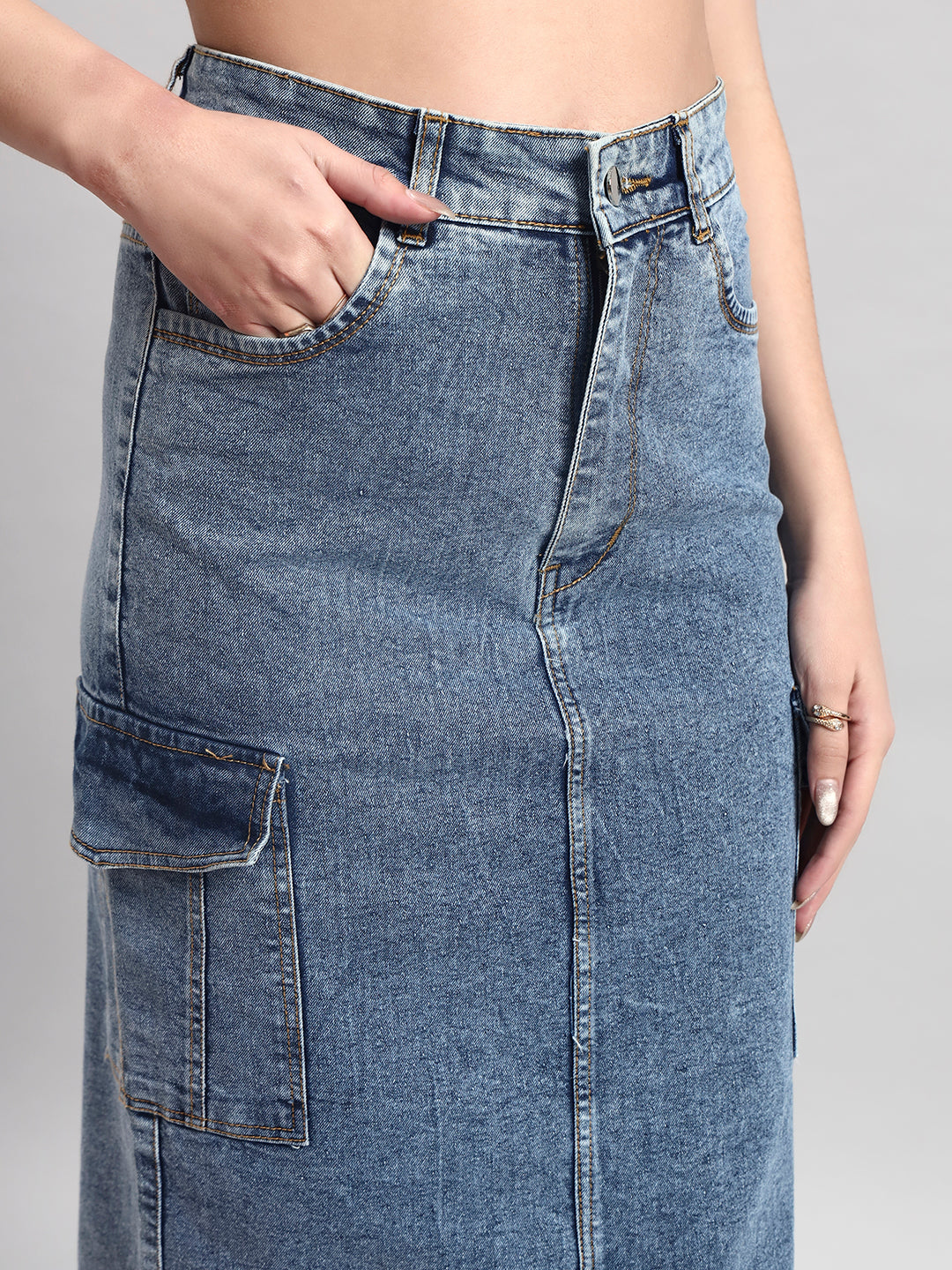 Light Blue Cargo Midi Denim Skirt with Back Slit