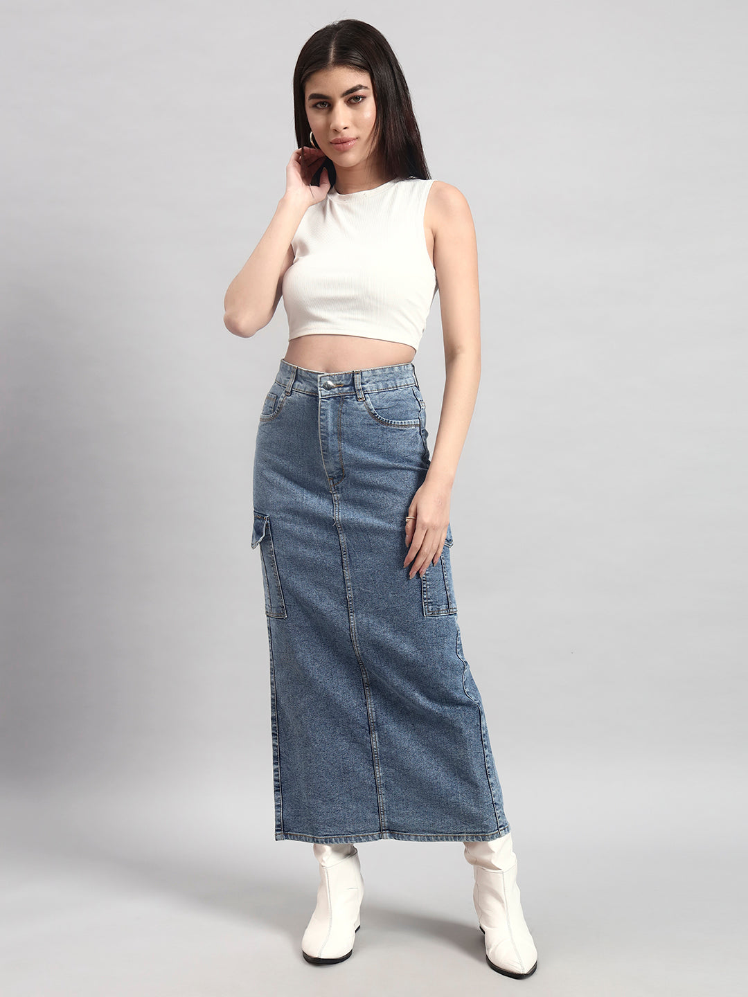 Light Blue Cargo Midi Denim Skirt with Back Slit